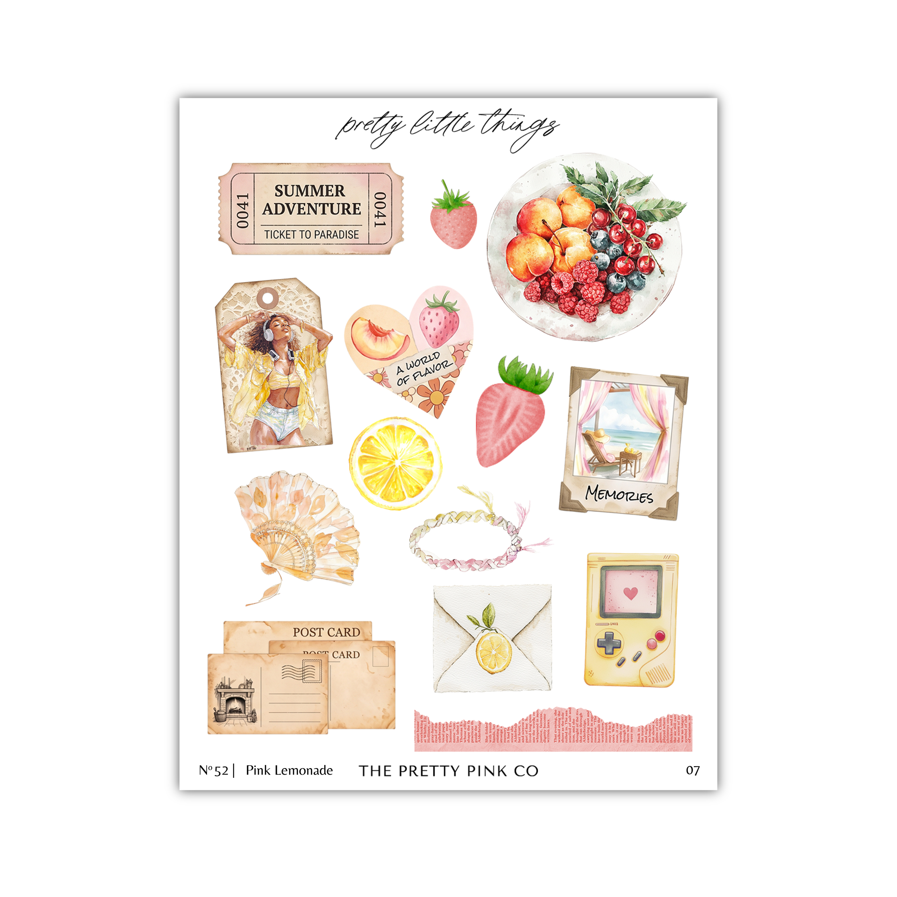 various colorful and whimsical items, including a ticket to paradise, a bowl of fruit, a woman, a lemon, a fan, a postcard, a bracelet, a heart, a memory card, a pink lemonade, and a pink lemonade bottle.