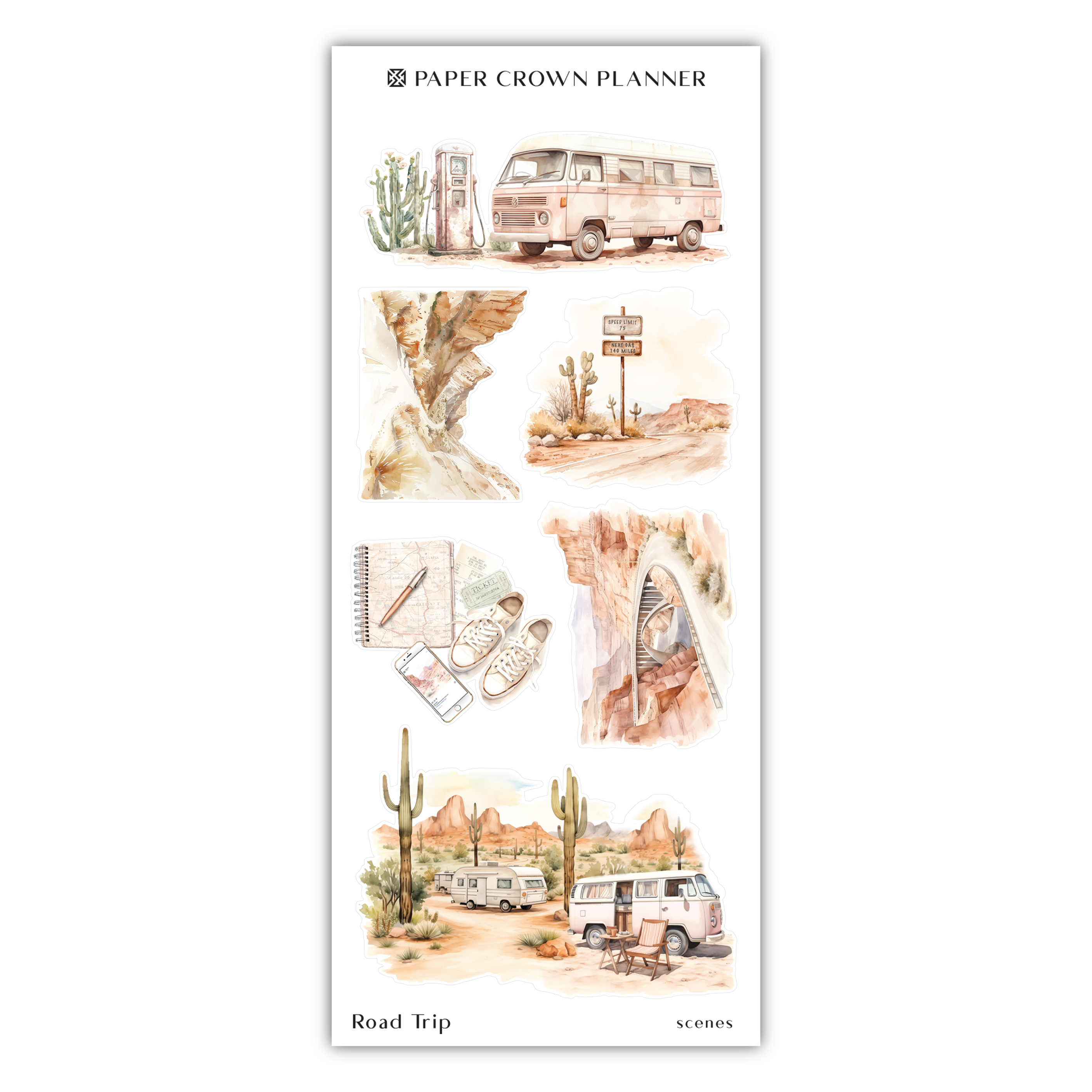 a sticker of a desert scene with a bus and a camper