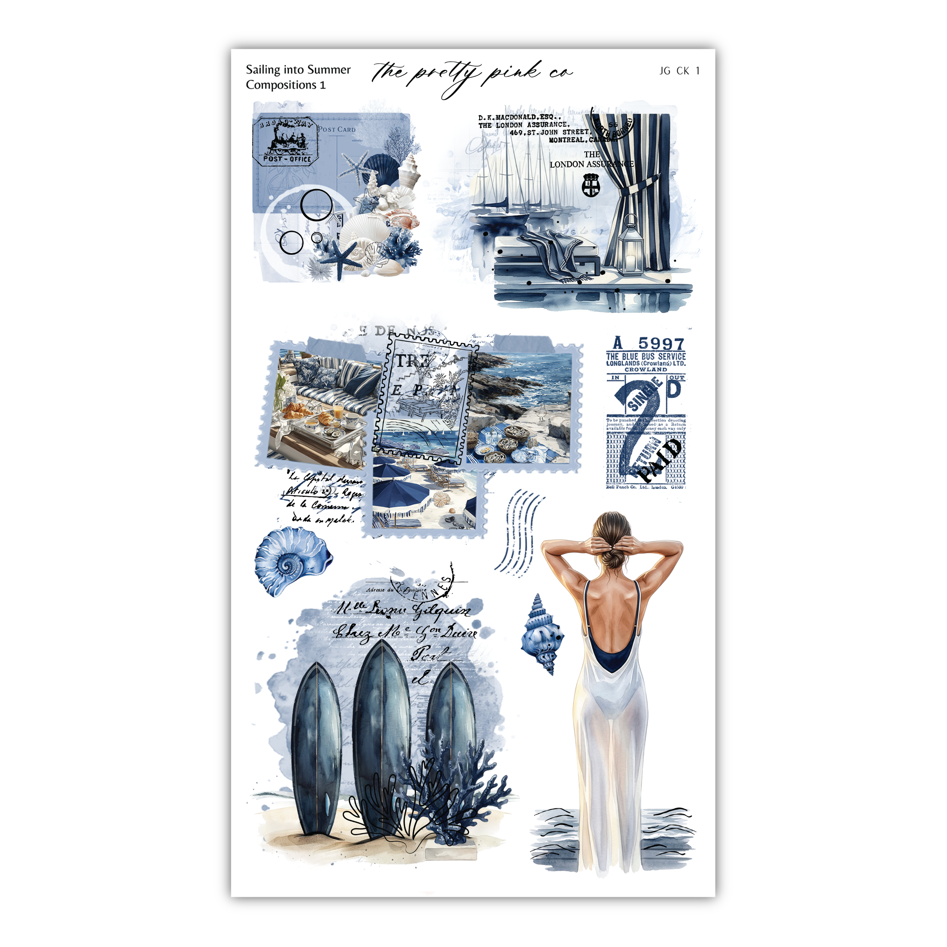 The image is a collage of various nautical and summer-themed elements, including a woman in a white dress, a blue and white striped umbrella, a blue and white striped parasol, and a blue and white striped surfboard. The collage also includes text elements such as "Sailing into Summer" and "The pretty pink co", as well as other decorative elements like a ship, a seashell, and a starfish.