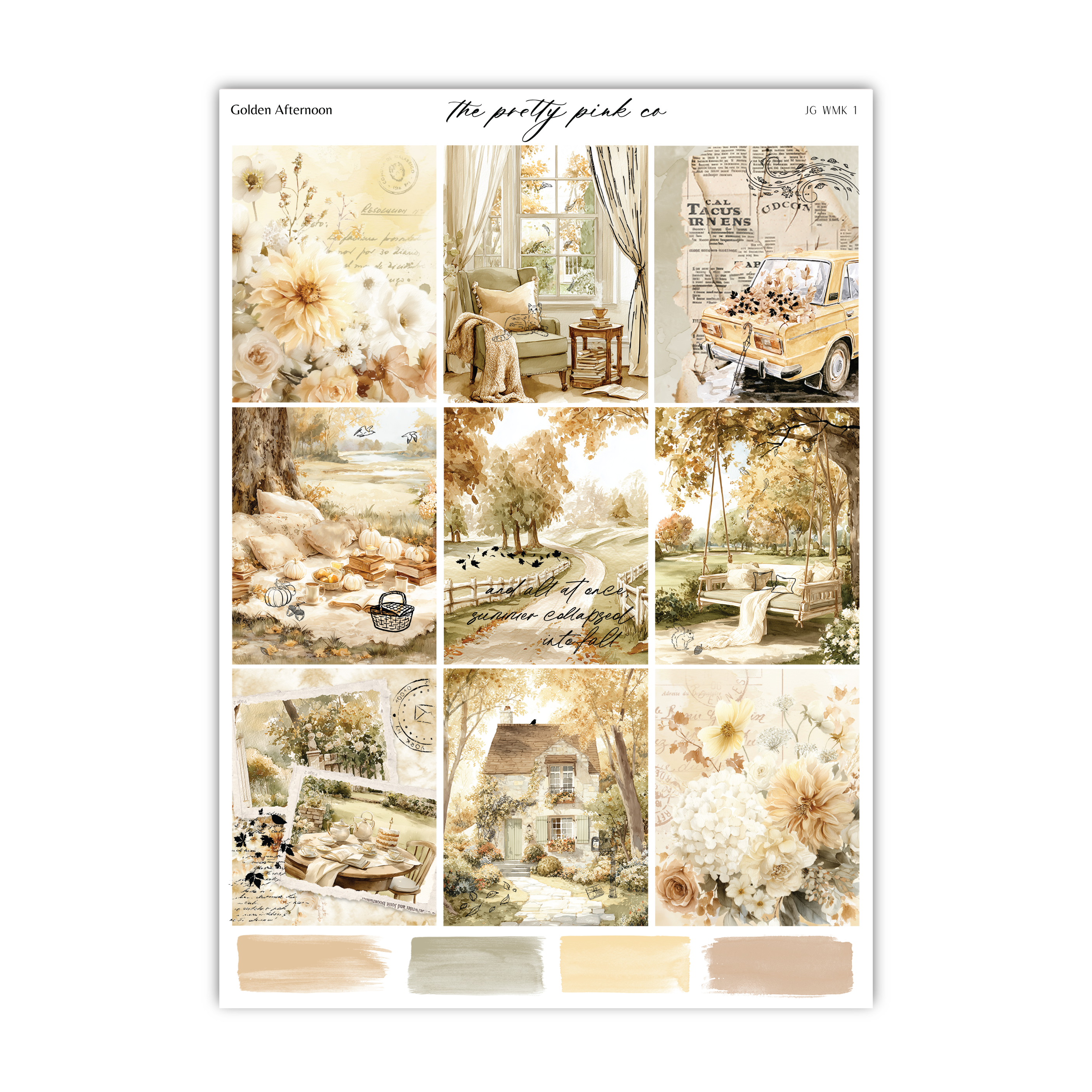 The image is a collage of nine different pictures, each depicting various scenes and elements related to the phrase "Golden Afternoon". The collage includes images of flowers, a car, a house, a bench, and other natural and man-made elements. The collage does not contain any text, and the descriptions provided are concise and avoid redundancy.