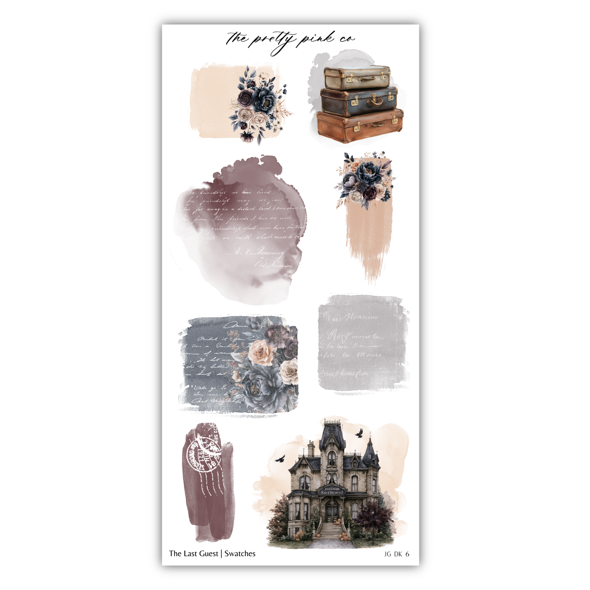 various artistic elements, including a suitcase, flowers, and a castle, arranged in a visually appealing manner.
