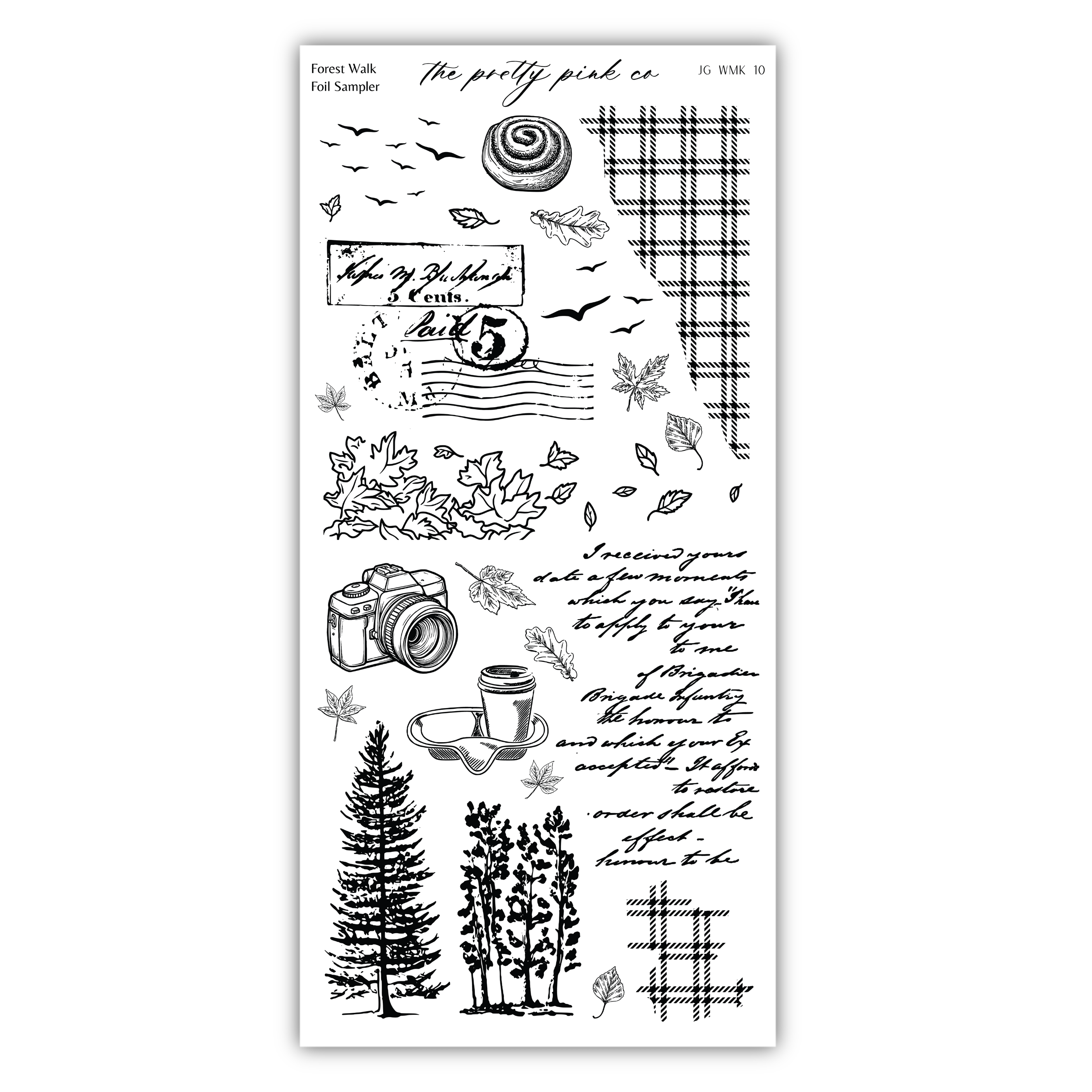 a stamp with a picture of trees and a camera