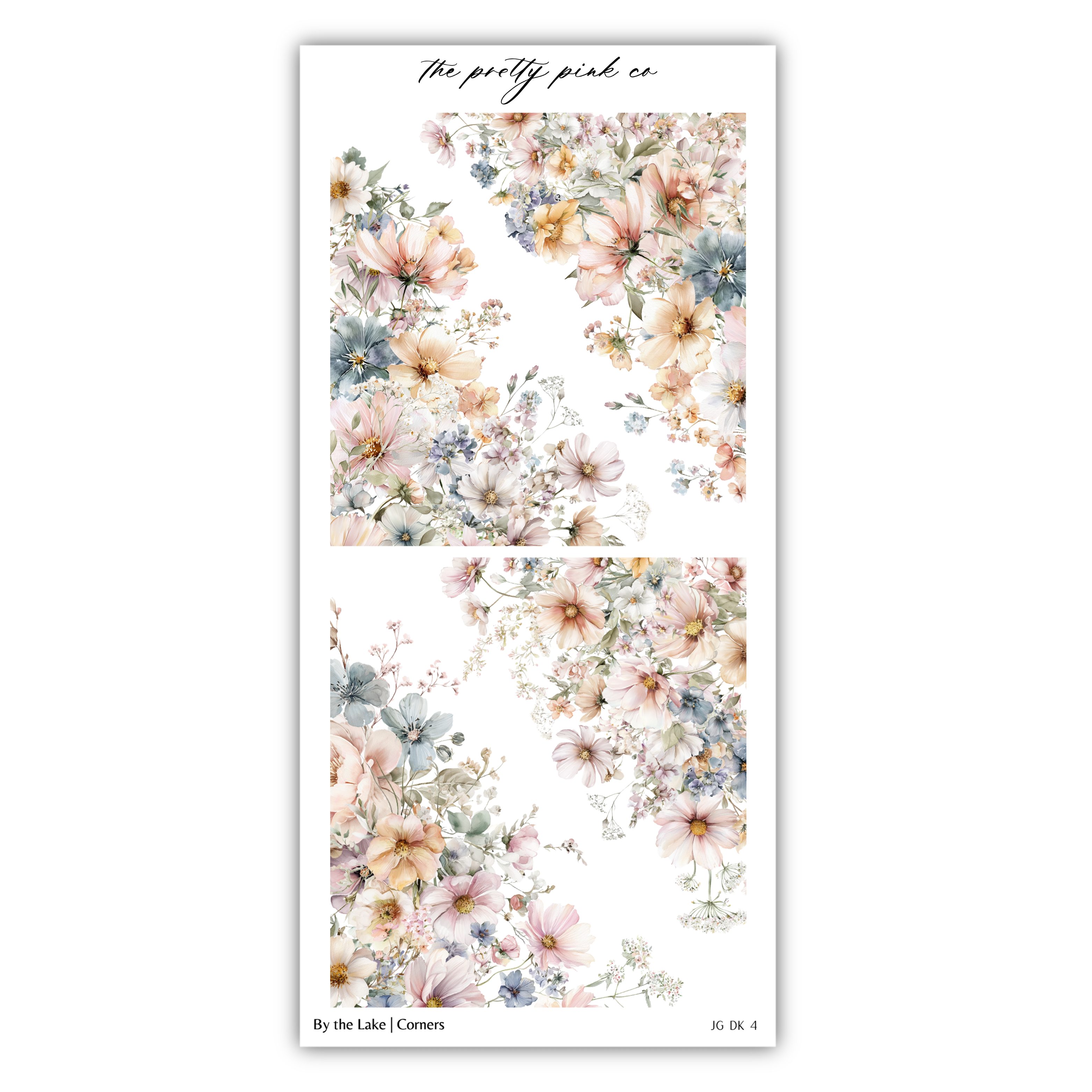 The image is a collage of two floral images, each featuring a variety of colorful flowers and plants. The collage is titled "The pretty pink co" and includes the text "By the Lake / Corner" at the bottom.
