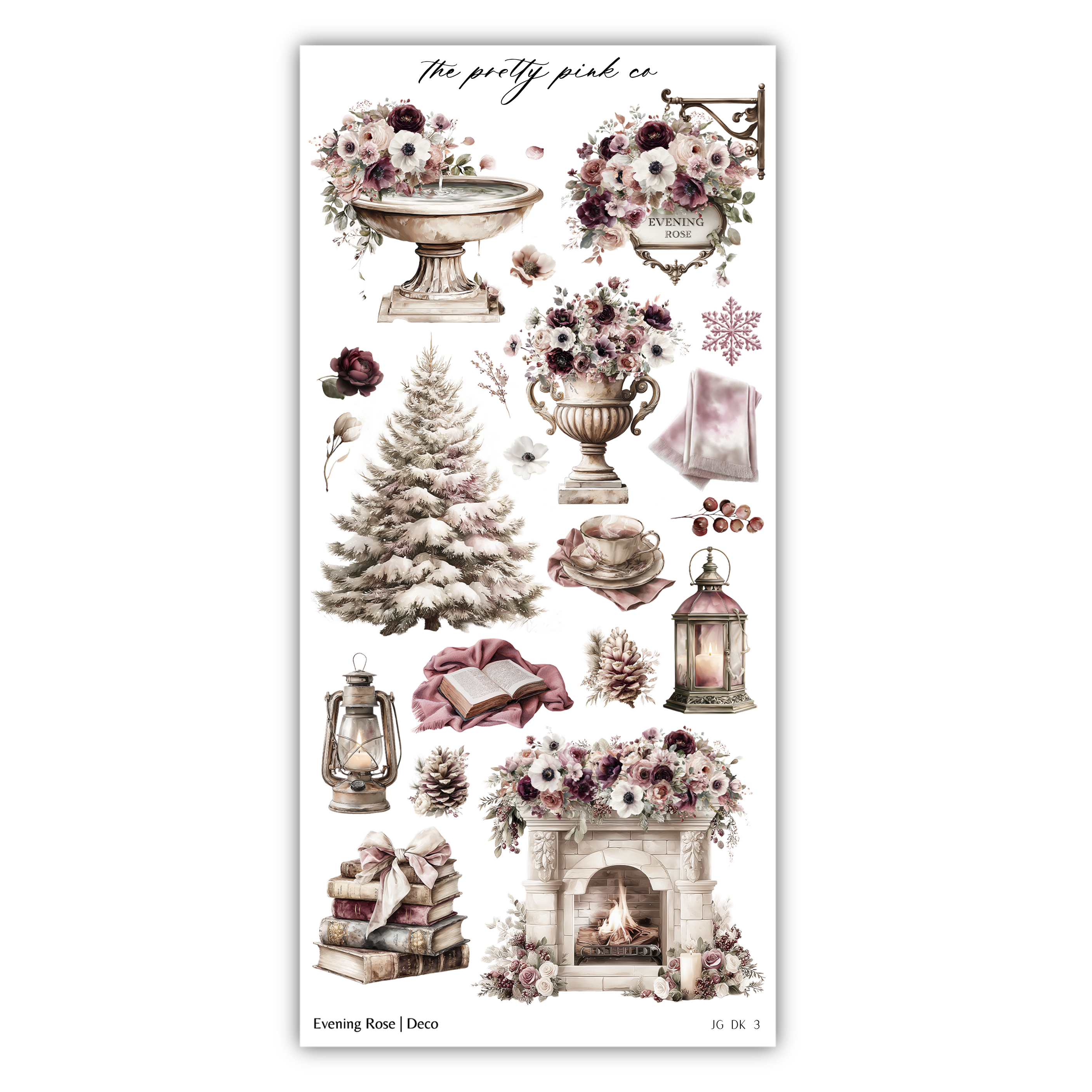 various decorative items and objects, including a tree, a fireplace, a vase, a lantern, a book, and a bowl, all adorned with flowers. The objects are arranged in a visually appealing manner, creating a harmonious and cohesive composition.