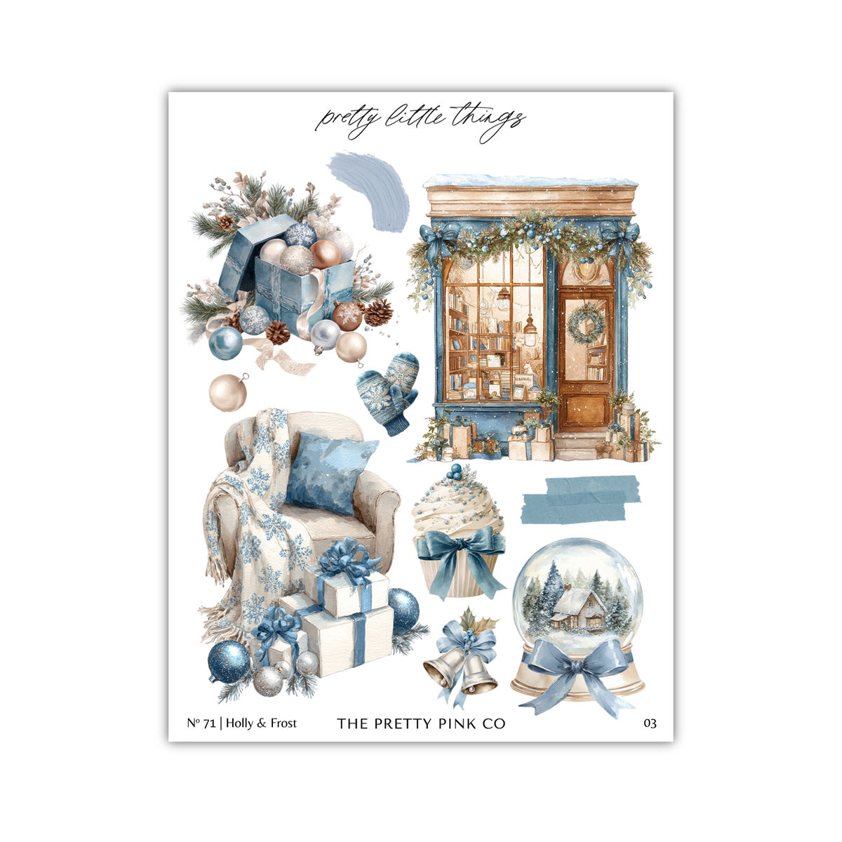 The image is a collage of various Christmas-themed items, including a wreath, presents, a snow globe, and a chair.