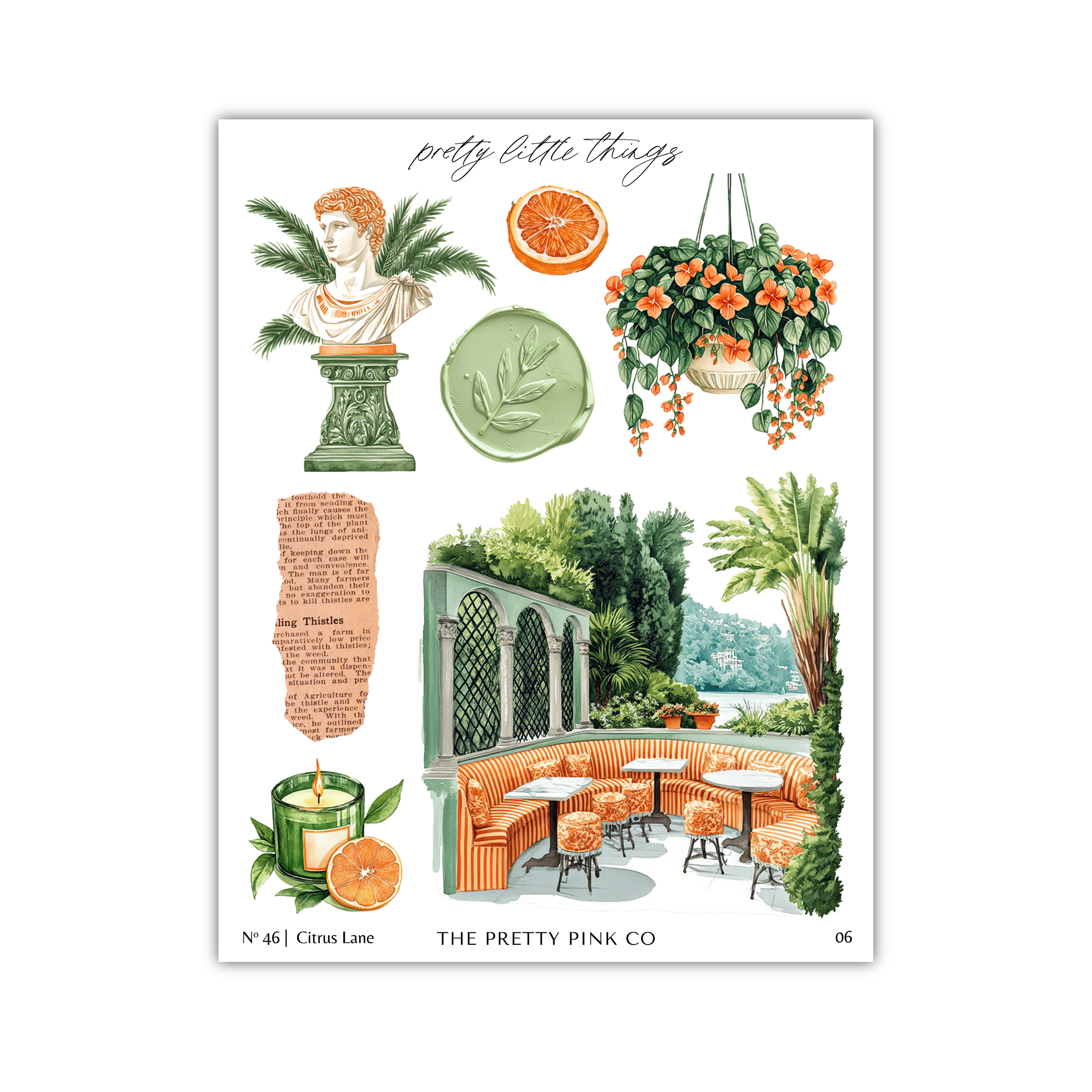 The image is a collage of various objects and scenes, including a bust, a potted plant, a candle, a bench, a table, and a tropical garden. The collage is titled "pretty little things" and includes the text "The pretty pink co" at the bottom.