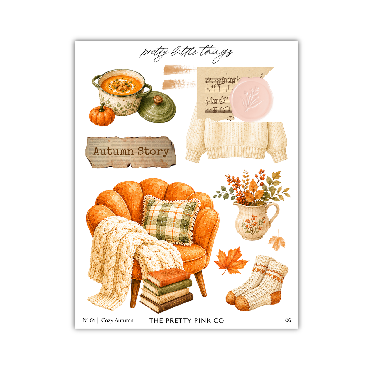 The image is a collage of various autumn-themed items, including a pumpkin, a sweater, a book, a vase, a chair, and a pair of socks.
