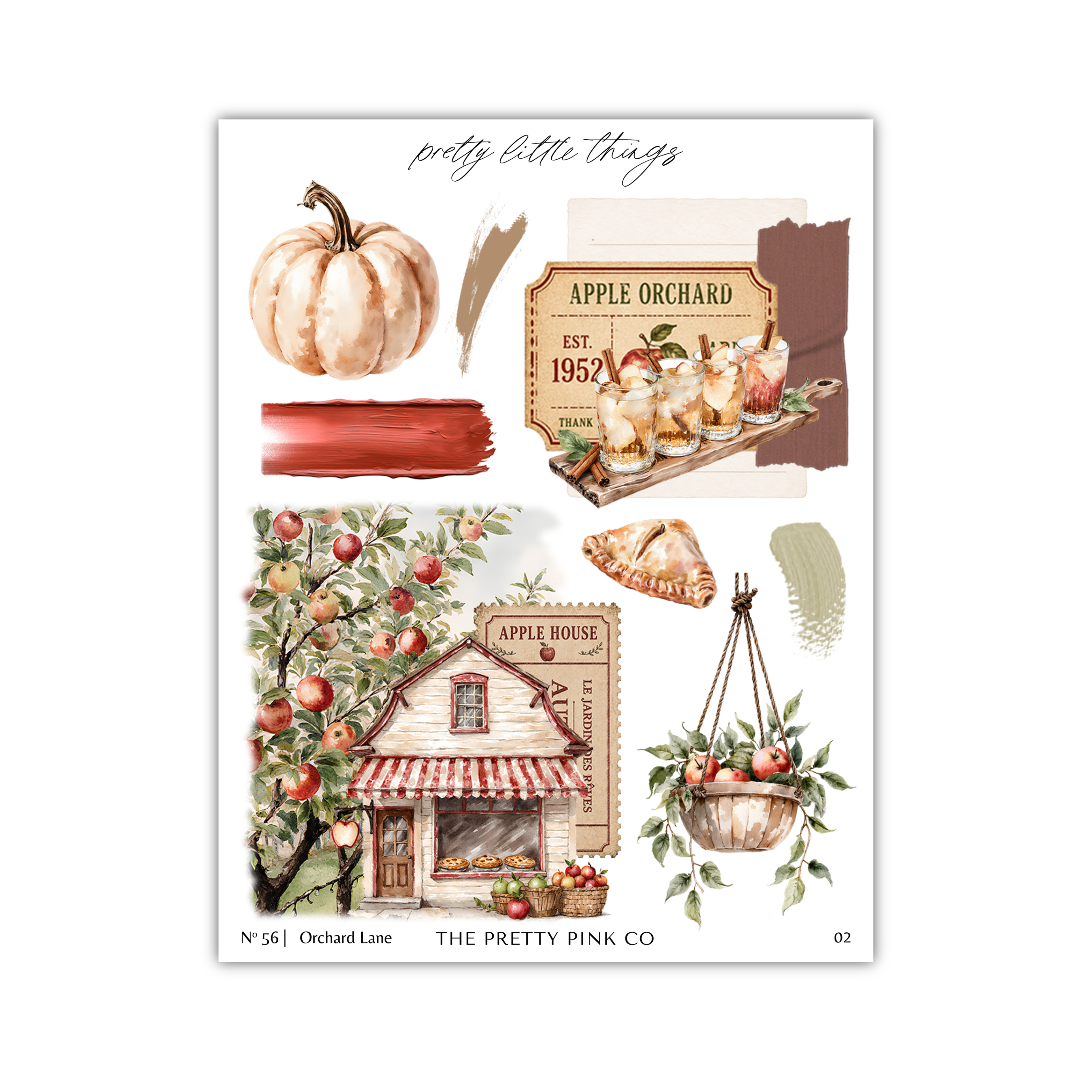 The image is a collage of various autumn-themed elements, including a pumpkin, an apple orchard, a house, and a hanging basket of apples.