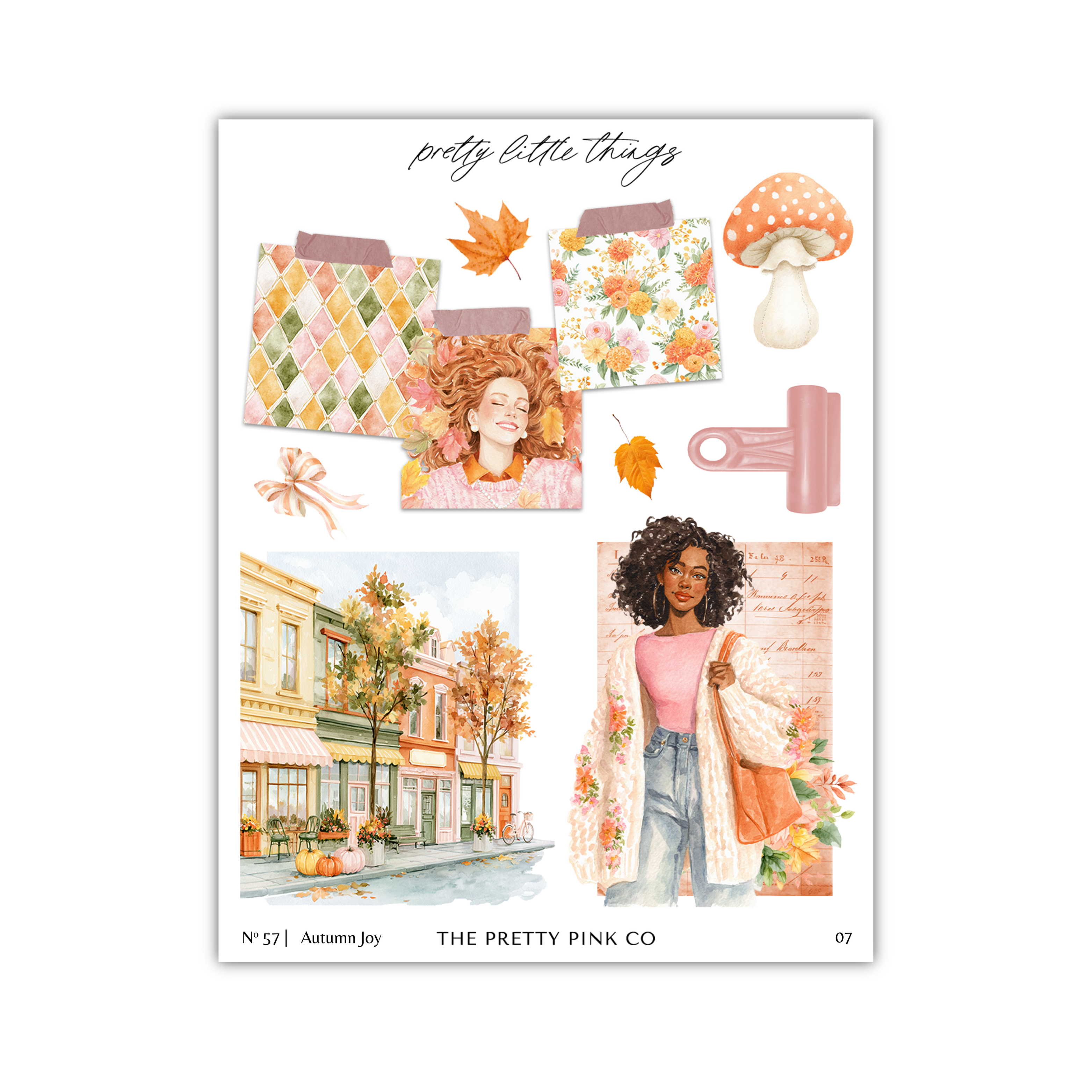 The image is a collage of various autumn-themed elements, including a woman with curly hair, a mushroom, a tree, and a building. The collage is titled "pretty little things" and includes a hand-drawn illustration of a woman with a floral dress and a handbag.
