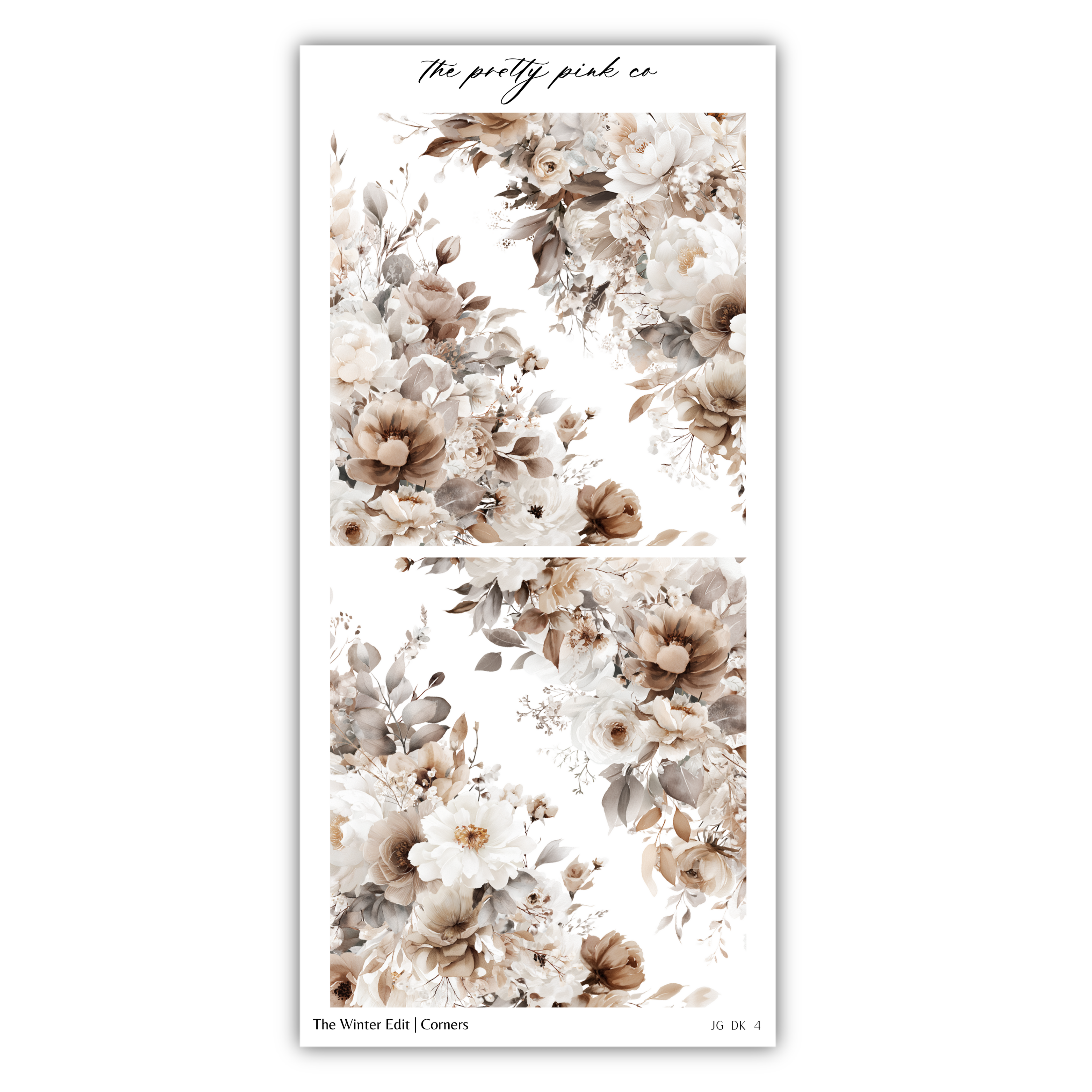 The image is a collage of two floral patterns, featuring various shades of brown and white flowers and leaves. The patterns are arranged in a vertical orientation, creating a visually appealing and harmonious composition.