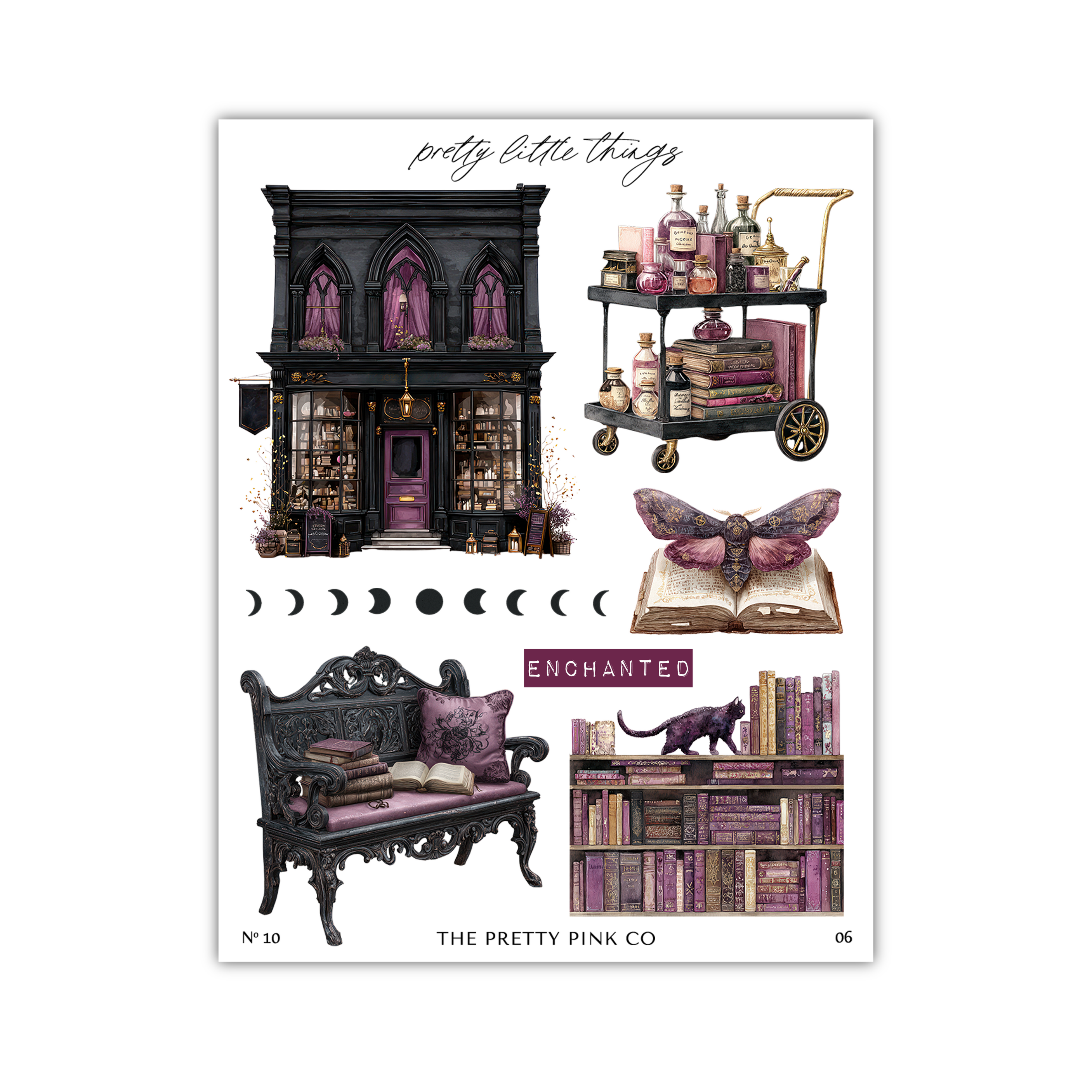 The image is a collage of various illustrations related to the theme of "pretty little things". It includes a black building with arched windows, a black wagon filled with bottles and books, a black bench with a cat on it, a black and purple butterfly, a black and purple moth, a black and purple bookcase, and a black and purple chair.