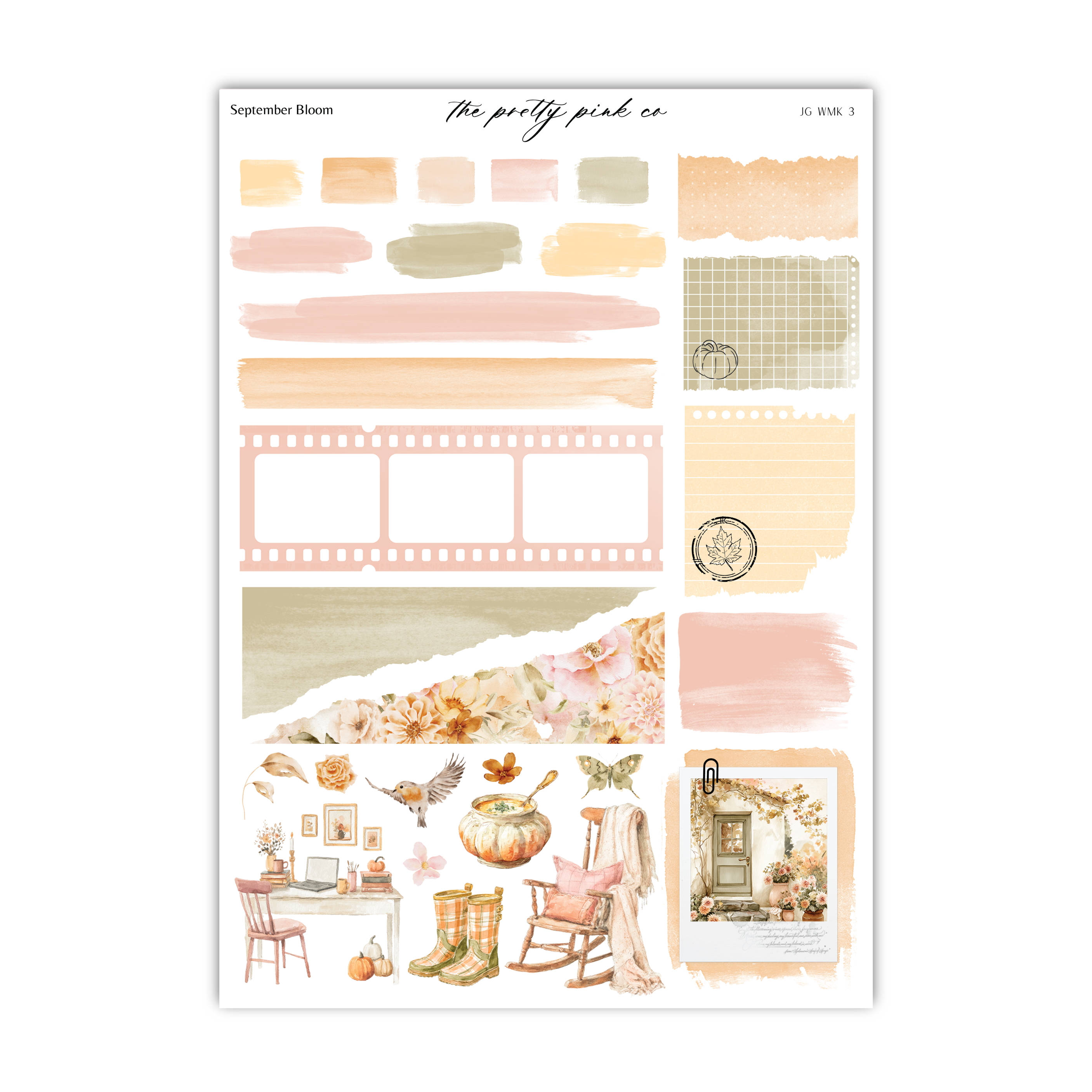 The image is a collage of various autumn-themed elements, including a pumpkin, a rocking chair, a bird, and a house. The collage is titled "September Bloom" and includes a variety of autumn-colored paint swatches, a film strip, and a photograph.