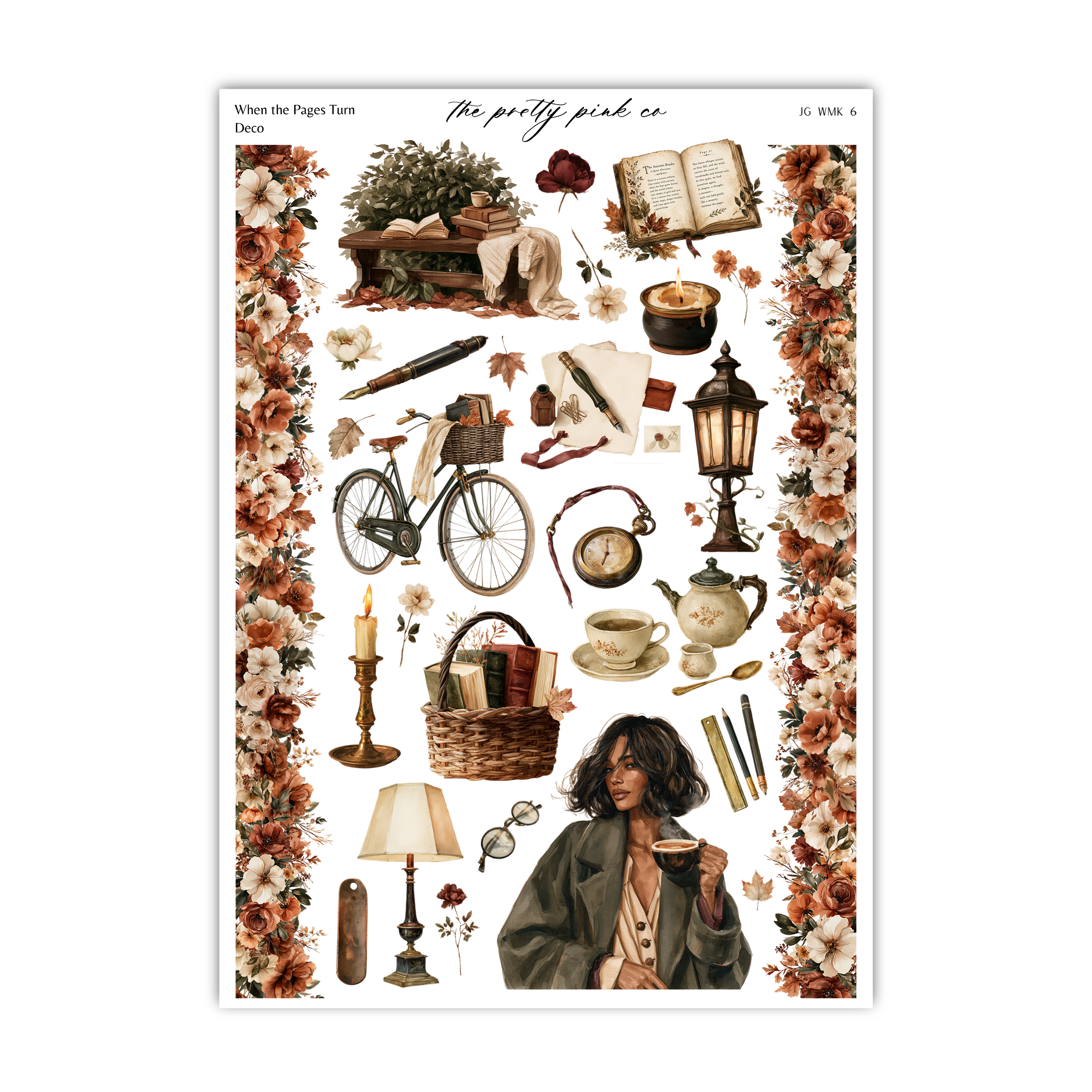 The image is a collage of various objects and scenes, including a bicycle, a lamp, a book, a teapot, a vase, a clock, a basket, a woman, and a floral border.