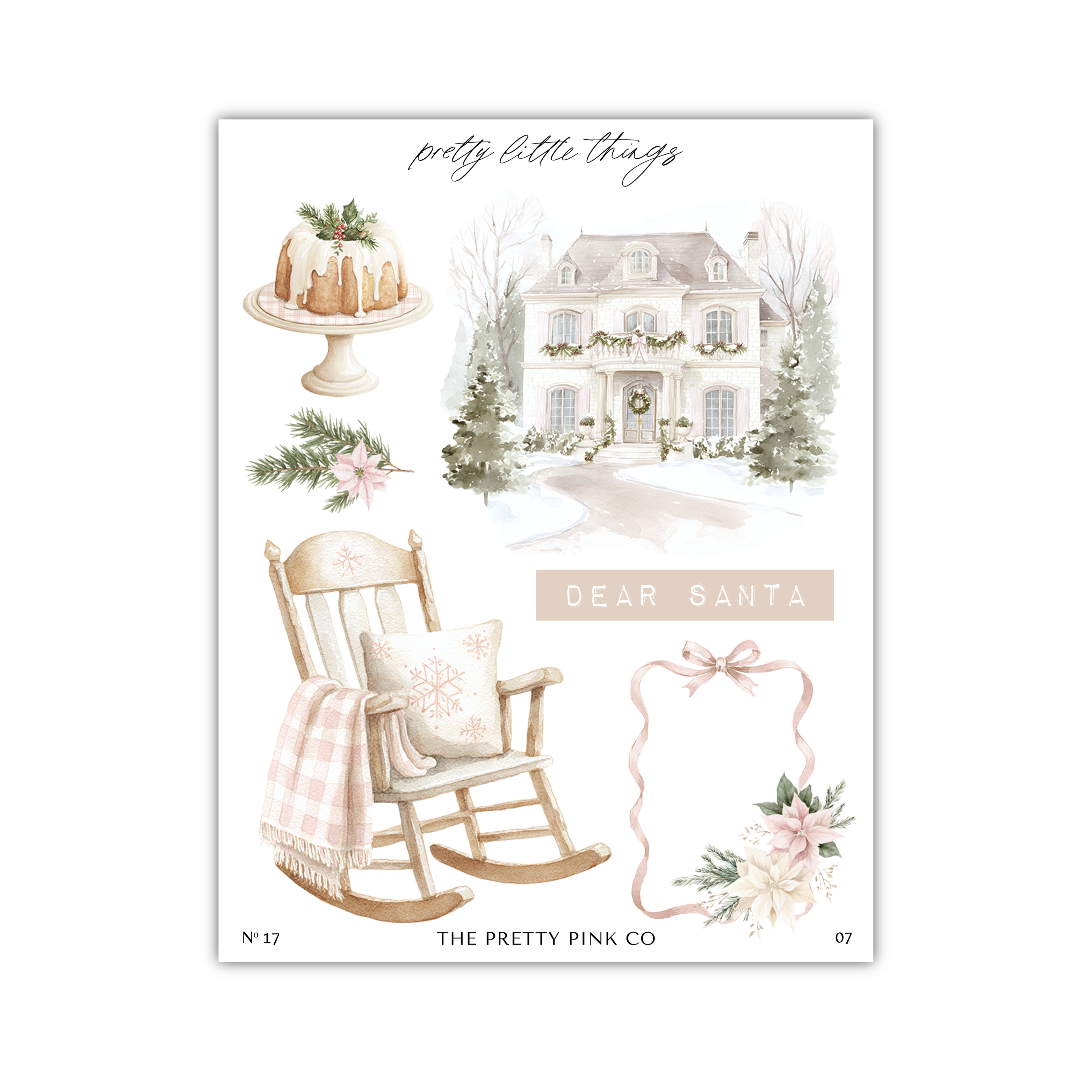 The image is a collage of various holiday-themed items, including a cake, a rocking chair, a house, and a Santa Claus sign.