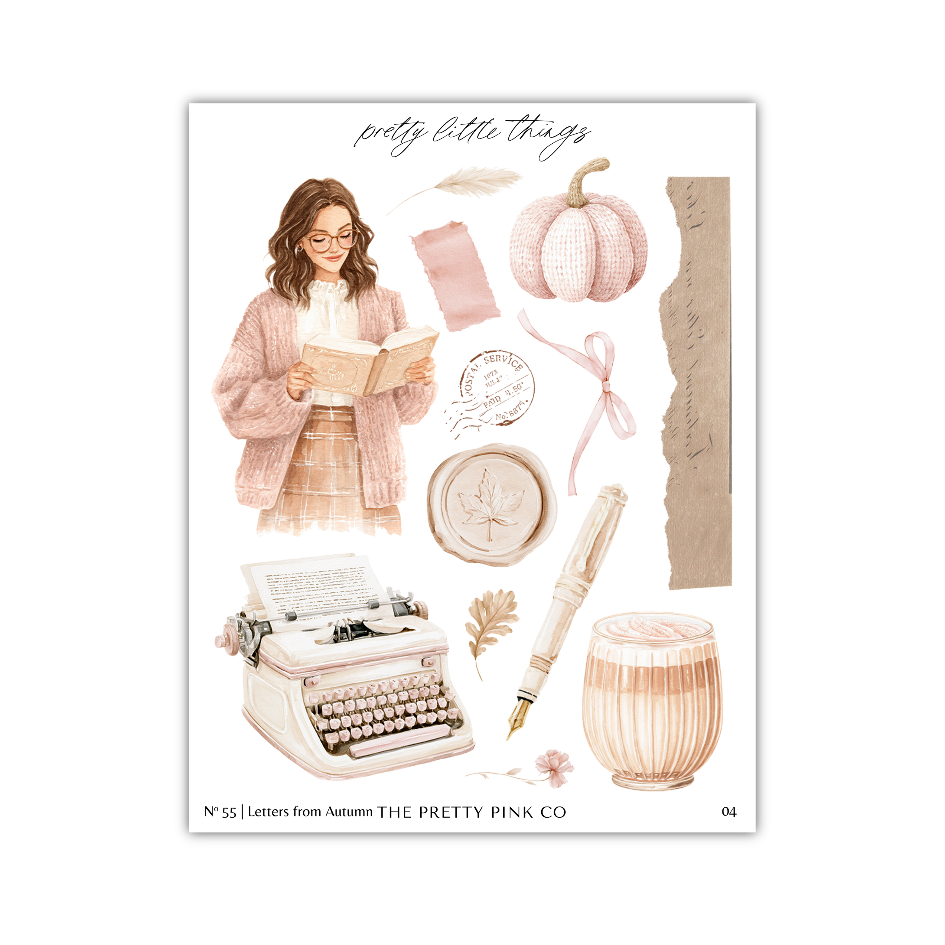 The image is a collage of various objects and elements, including a woman reading a book, a typewriter, a pumpkin, a ribbon, a cup, and a leaf.