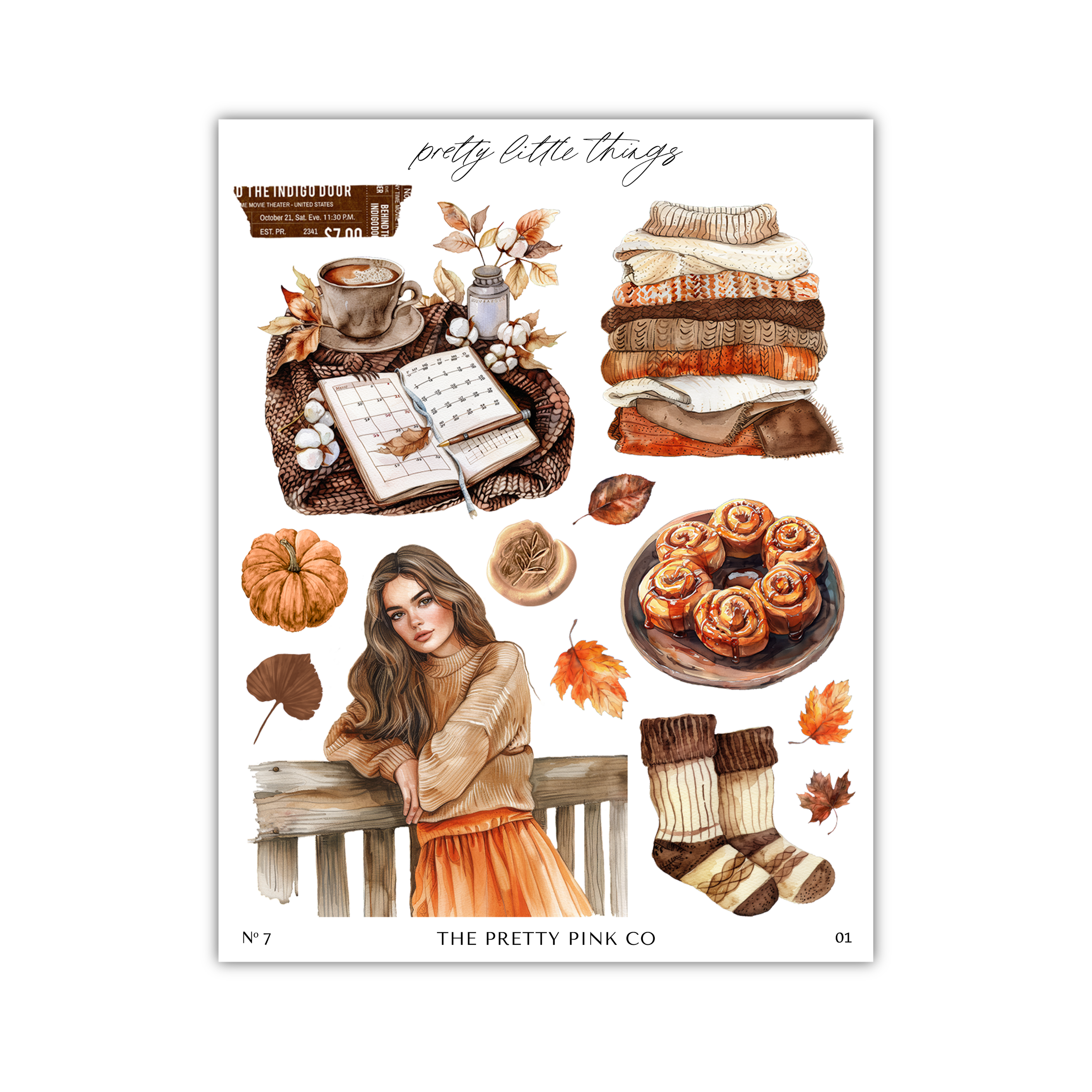 The image is a collage of various autumn-themed items, including a woman leaning against a wooden railing, a stack of sweaters, a cup of coffee, a basket of bread, a pumpkin, and a stack of books.