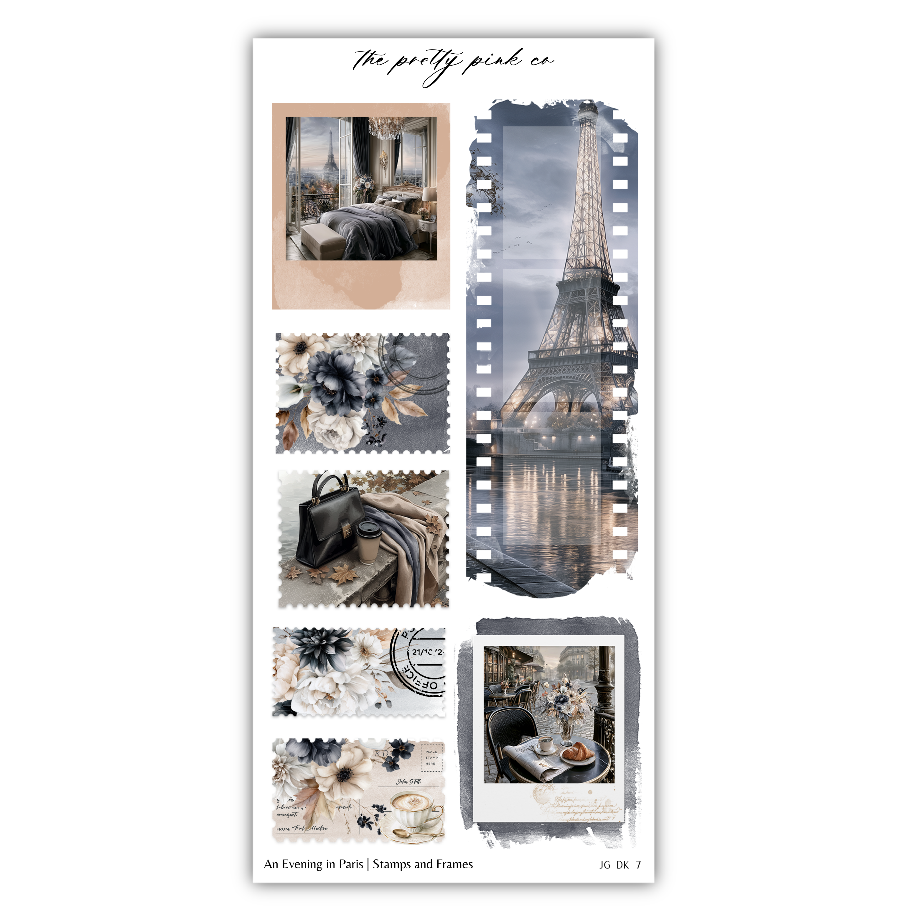 The image is a collage featuring various scenes and objects, including a large Eiffel Tower, floral elements, and other decorative items.