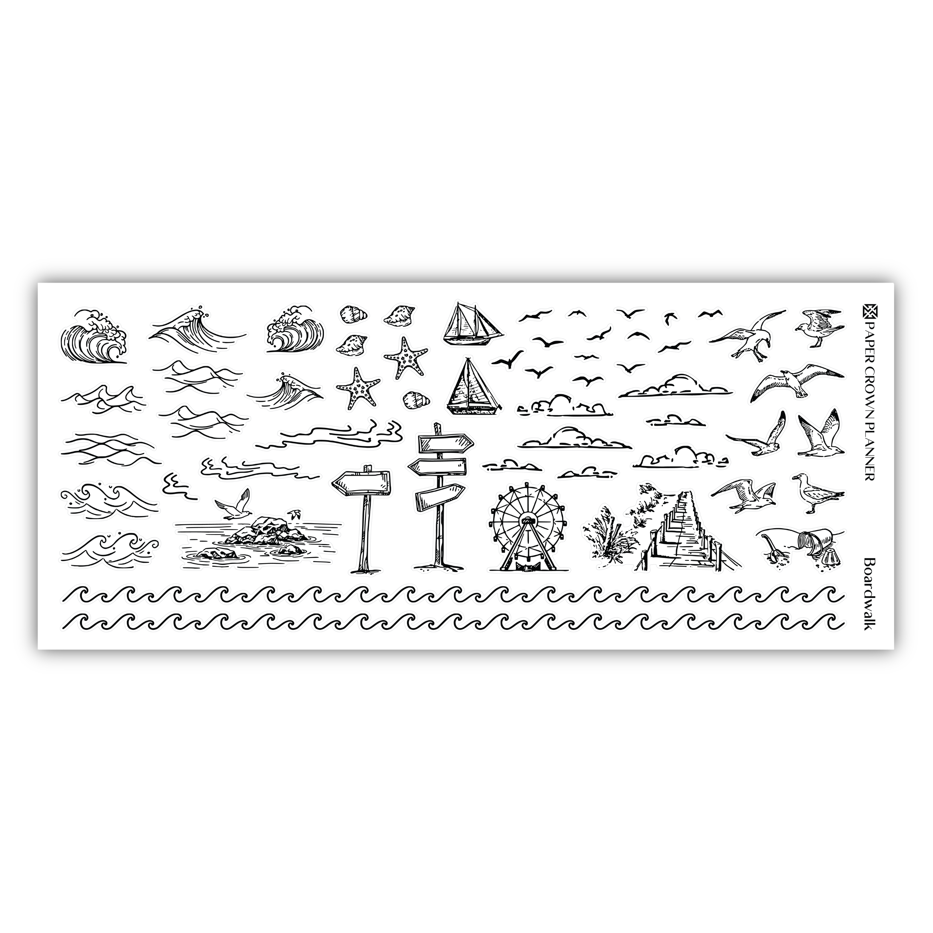 a black and white drawing of a beach scene