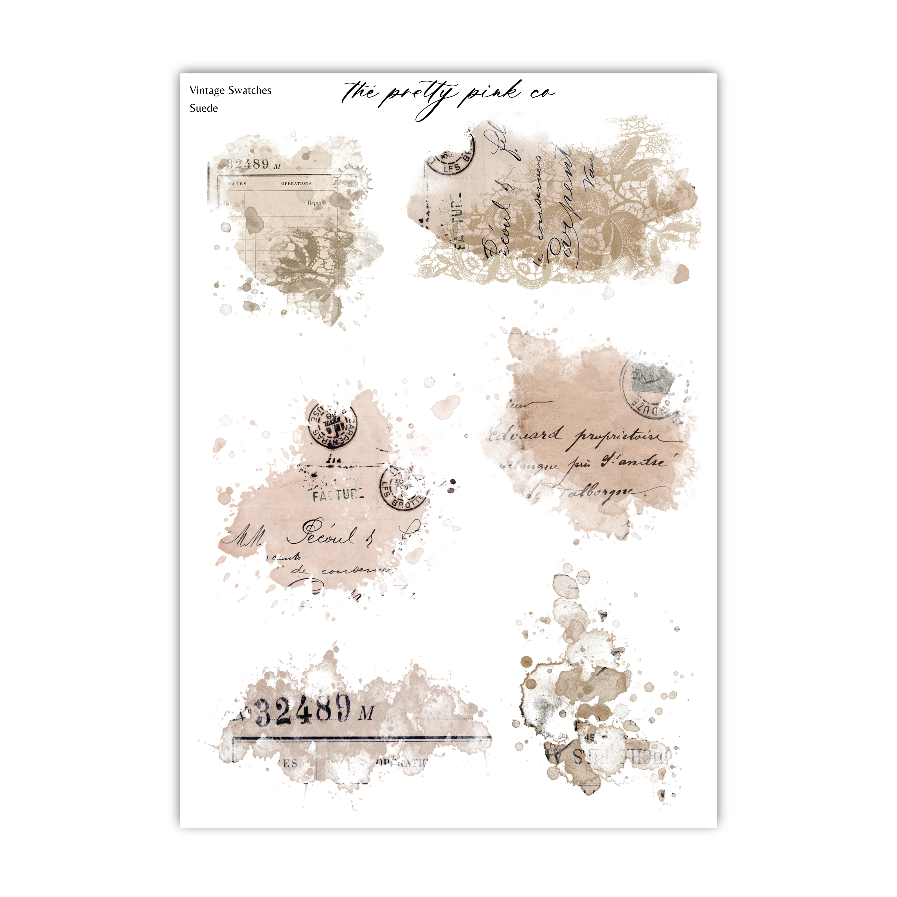 various splattered and smeared elements, including what appears to be a vintage-style postcard or envelope, as well as some handwritten text and numbers. The image does not contain any specific details about the content or context, and it does not provide enough information to describe each individual element in detail.