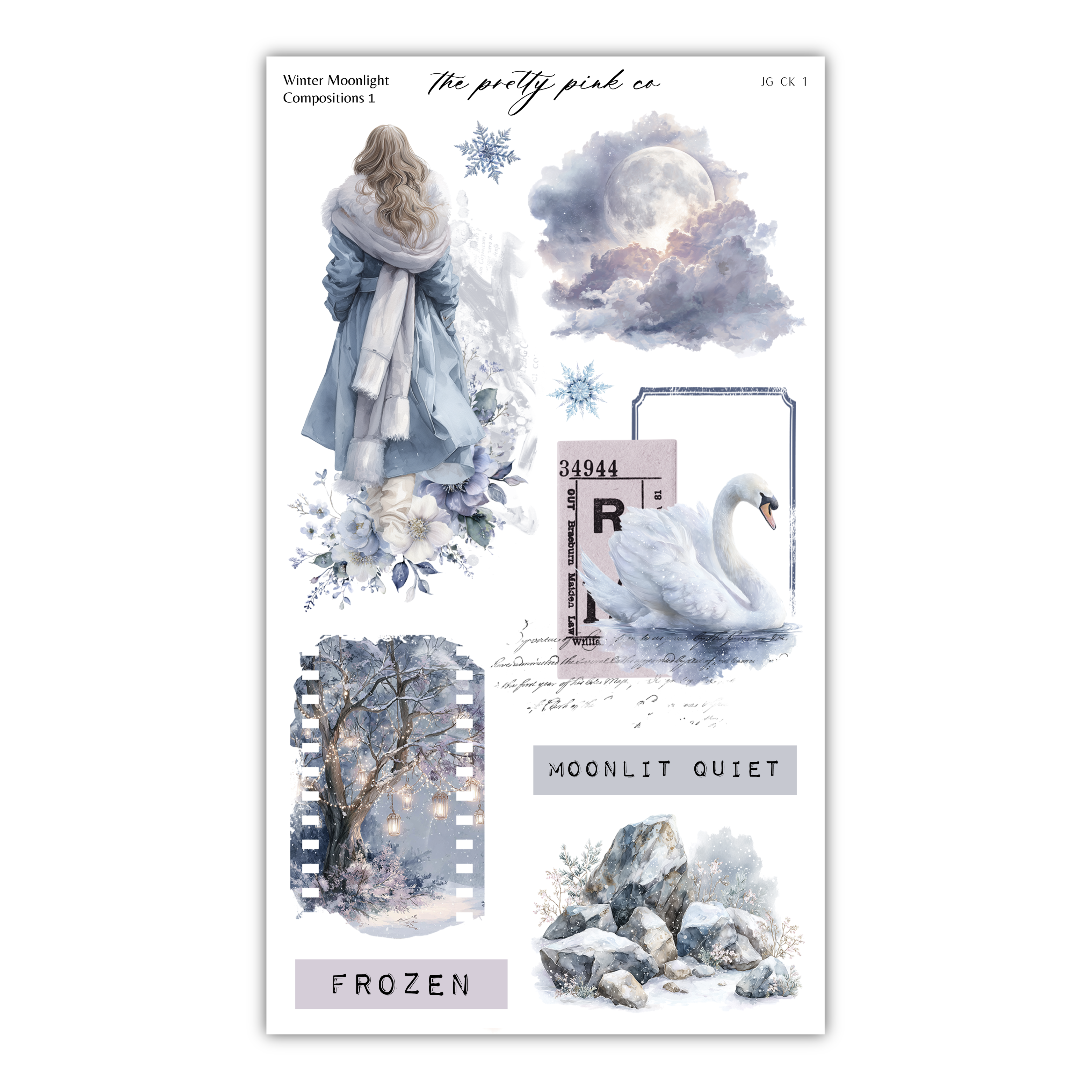 various winter-themed elements, including a woman in a blue coat, a swan, a tree, and a snowflake. The collage also includes a swan, a snowflake, and a snow-covered landscape. The image is a collage of multiple images, and the phrase "The pretty pink co" is visible, suggesting that the collage is part of a larger collection or series.