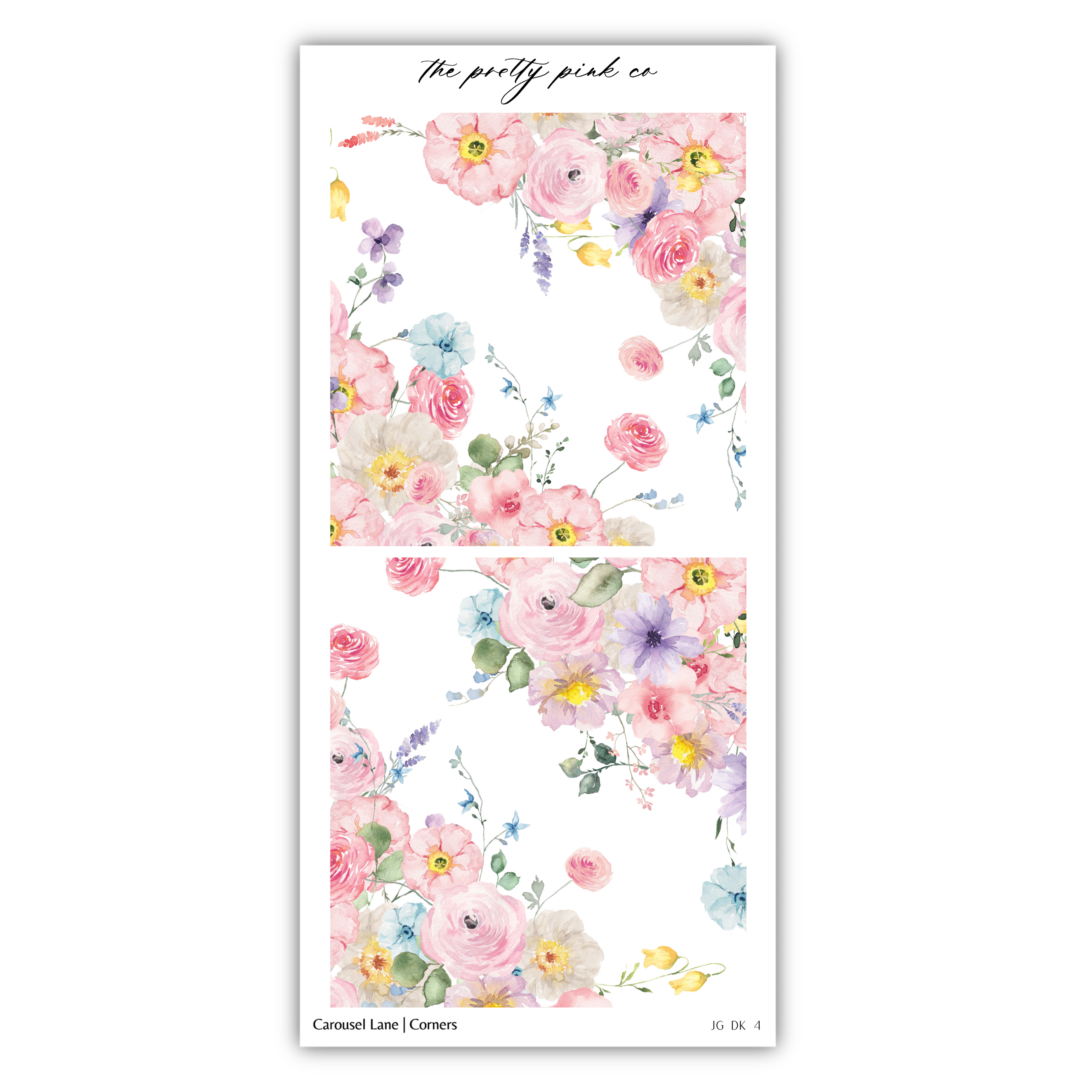 a pink and blue floral sticker on a white background