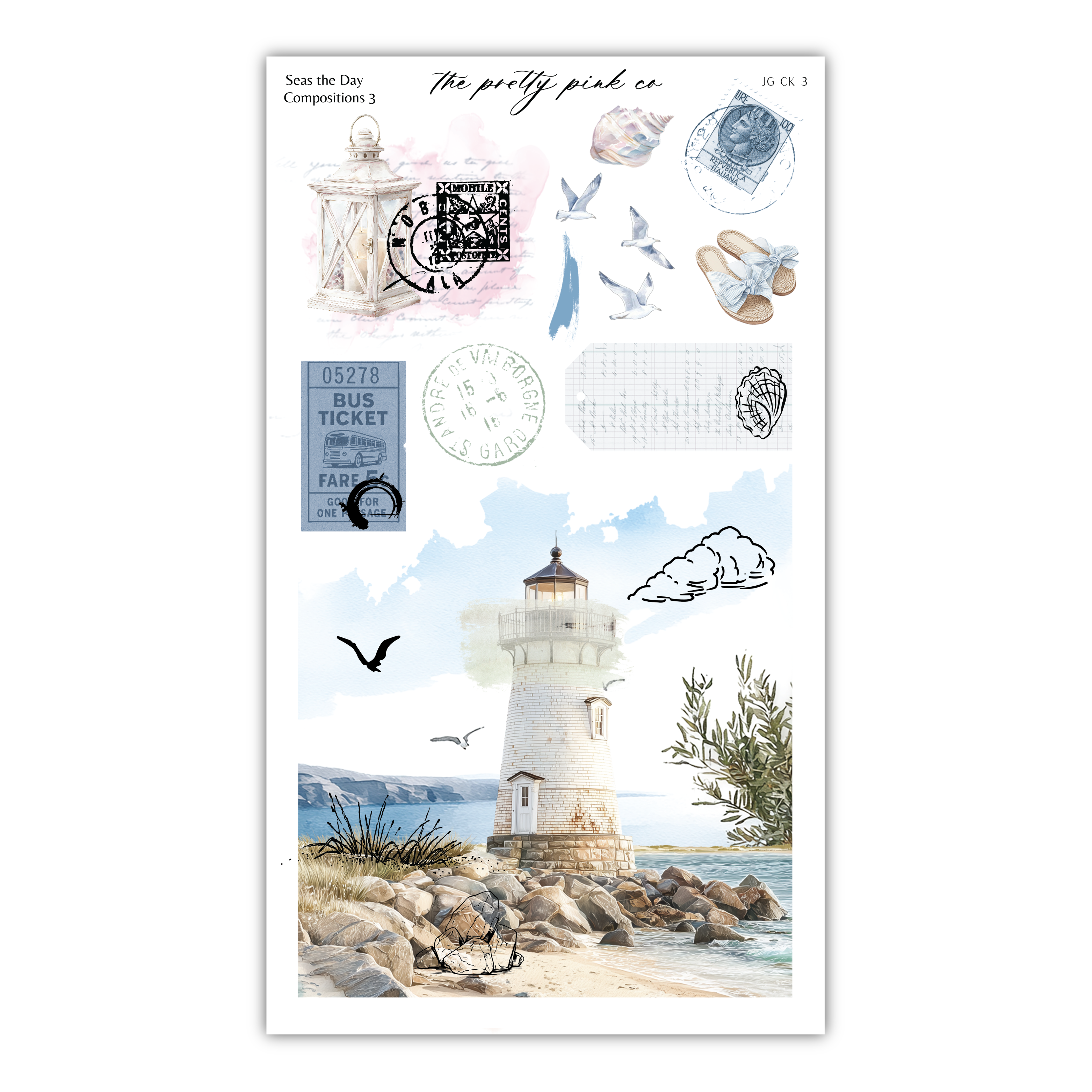 The image is a collage of various elements, including a lighthouse, birds, clouds, and other natural and man-made objects, all set against a seascape background.