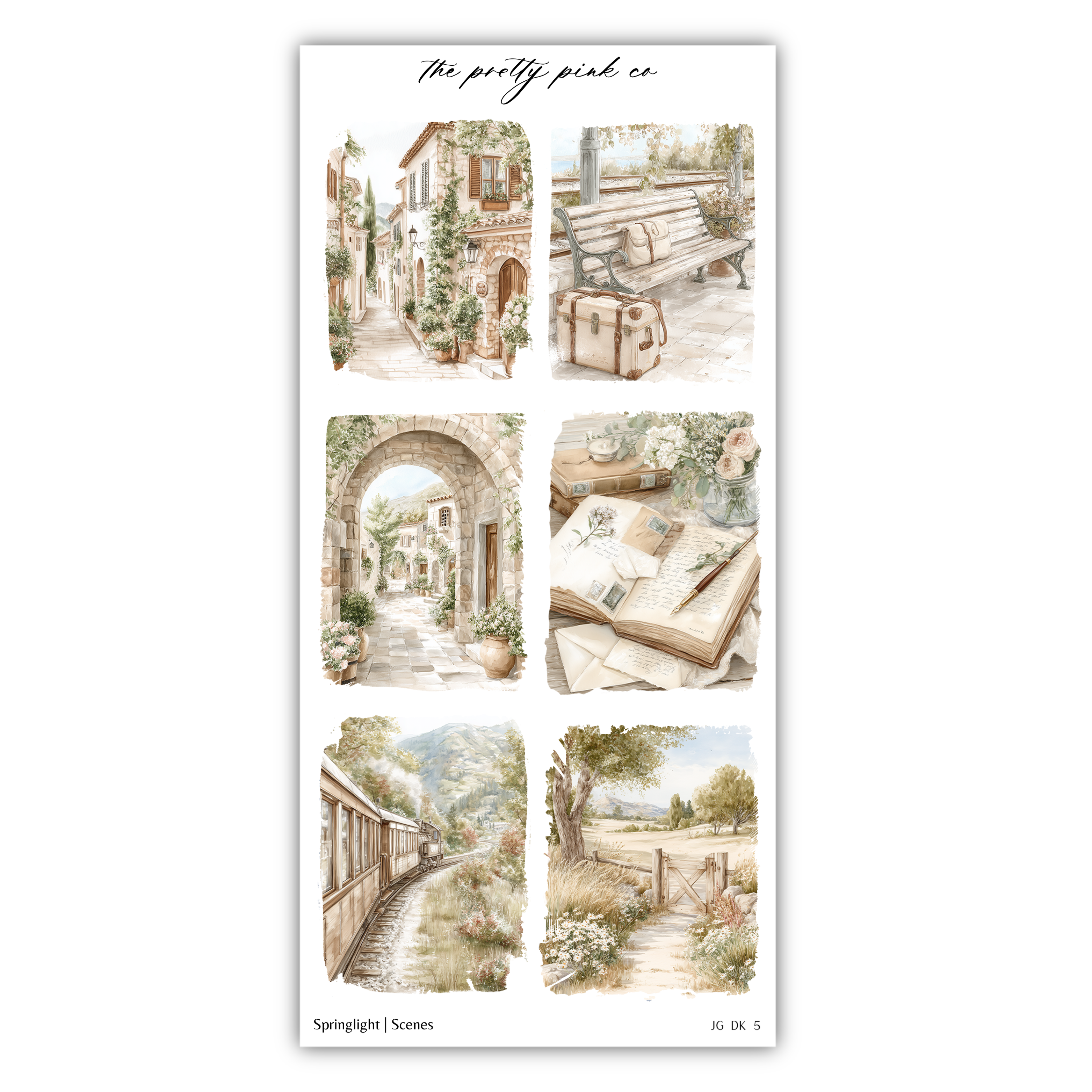 The image is a collage of six pictures depicting various scenes, including a train, a bench, a book, a path, a building, and a garden.