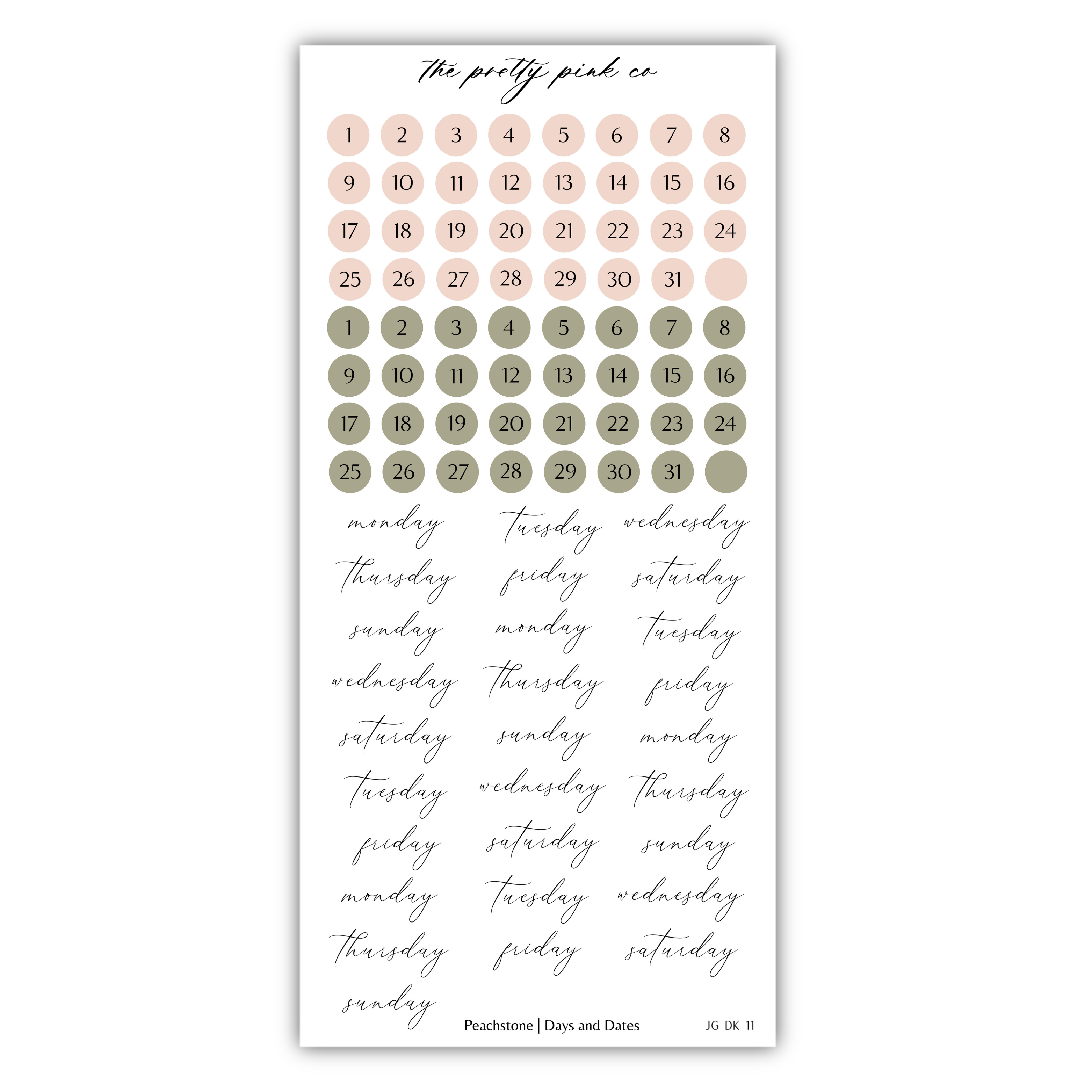 The image is a calendar with a grid of days and dates, and a separate section with a list of days and dates.