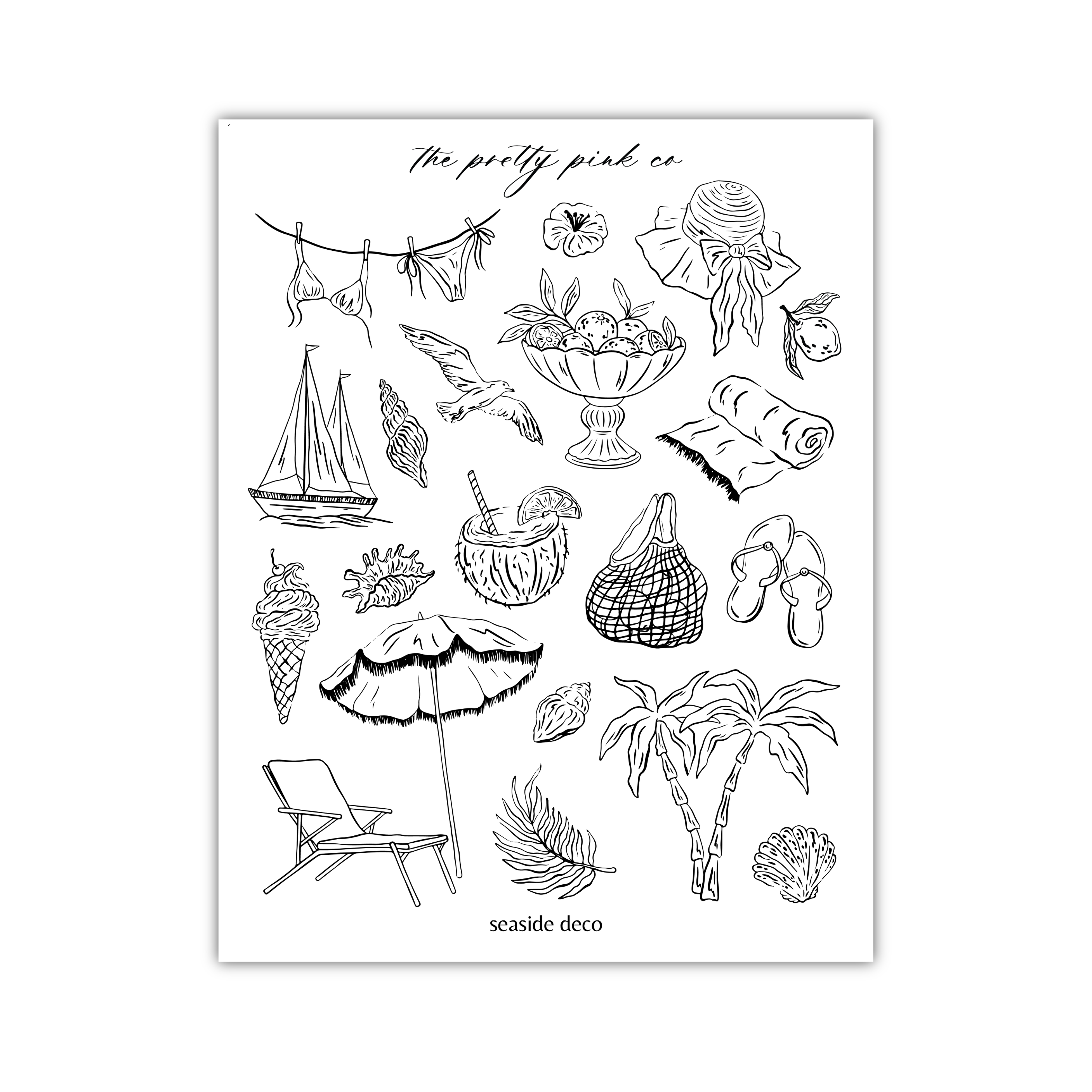 various illustrations related to beach and ocean themes, including a sailboat, a beach chair, a palm tree, a seashell, and other beach-related objects.