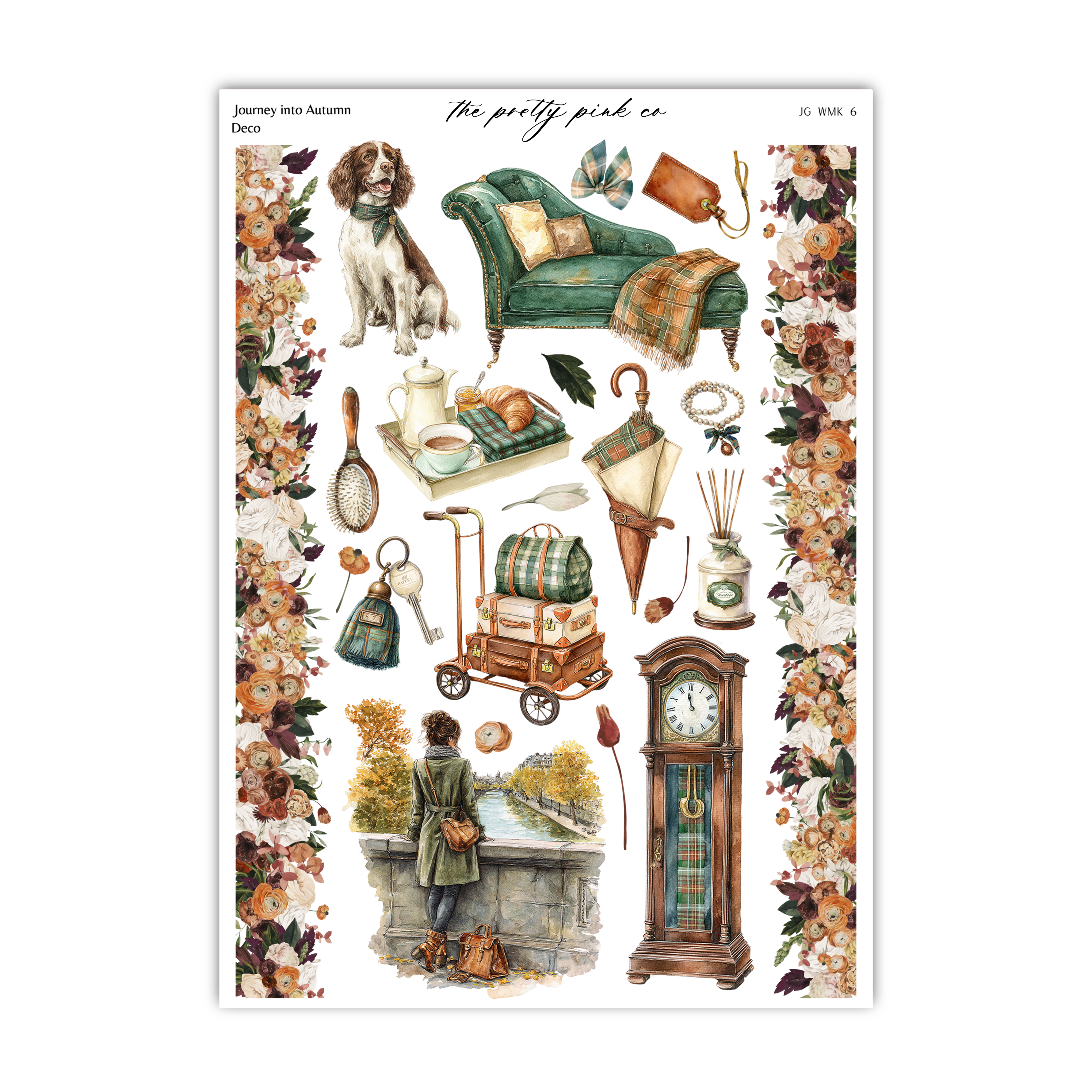 The image is a collage of various autumn-themed items, including a dog, a couch, a clock, a suitcase, a basket, a vase, a book, a teapot, a bowl, a basket, a bag, a key, a handbag, a backpack, a pair of shoes, a coat, a hat, a scarf, a sweater, a tree, a bridge, a river, and a sunset.