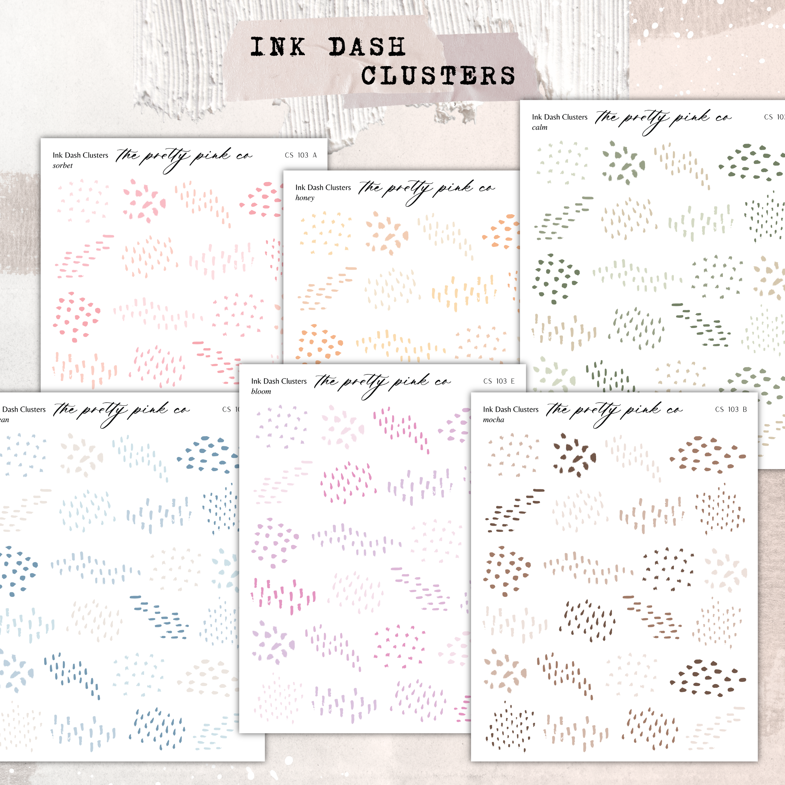a collection of six different ink dashes or patterns, each with a unique color and design. The patterns are arranged in a grid format, with two rows and three columns. The text above the images reads "Ink Dashes Clusters" and "The pretty pink co", indicating that these are decorative elements used for artistic purposes.