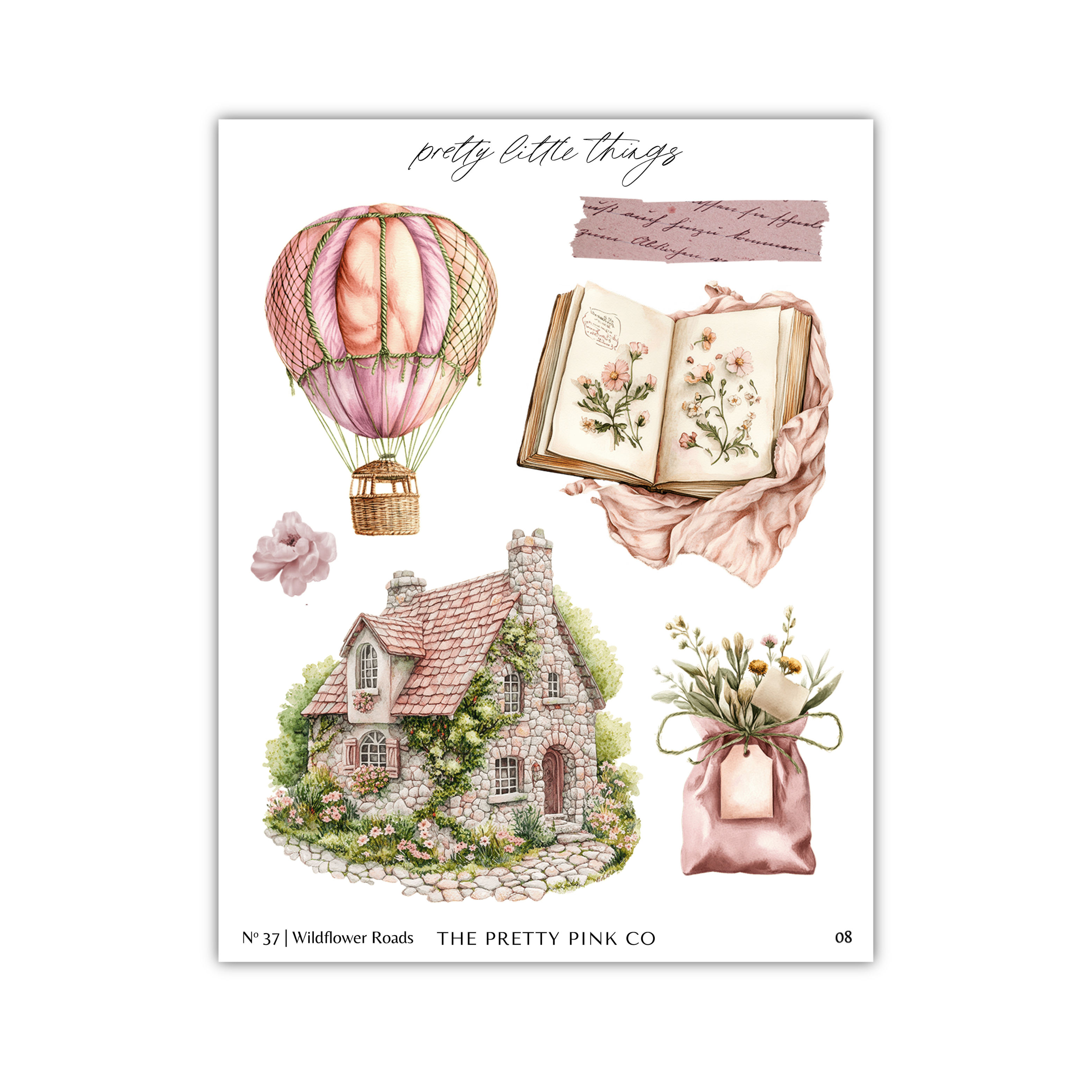 The image is a collage of various illustrations, including a hot air balloon, a book with flowers, a house, a bag with flowers, and a pink flower. The text "pretty little things" is written above the collage, and the text "The pretty pink co" is written at the bottom.