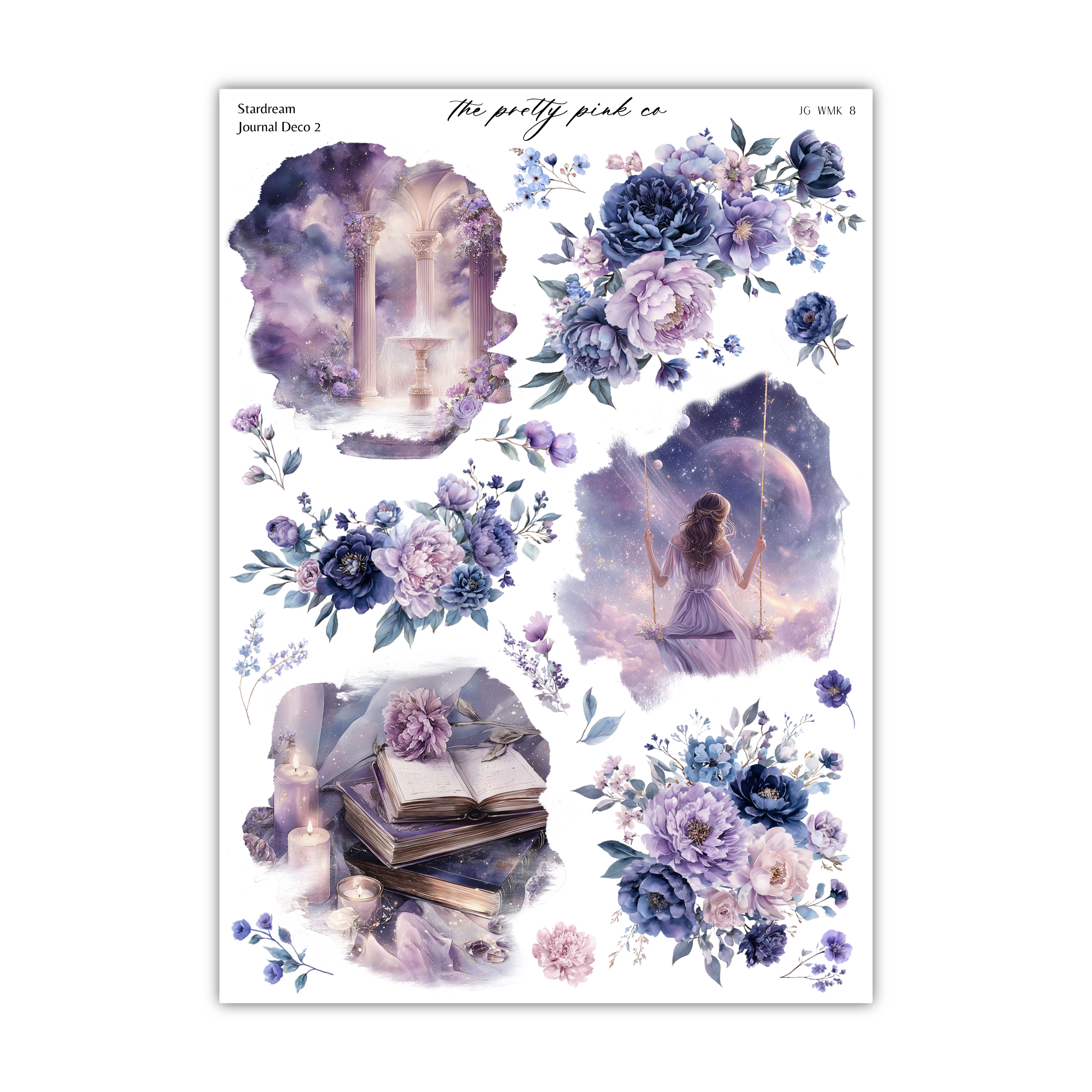 a variety of floral and fantastical elements, including flowers, a fairy, a book, and a moon. The overall composition is visually appealing and evokes a sense of wonder and imagination.