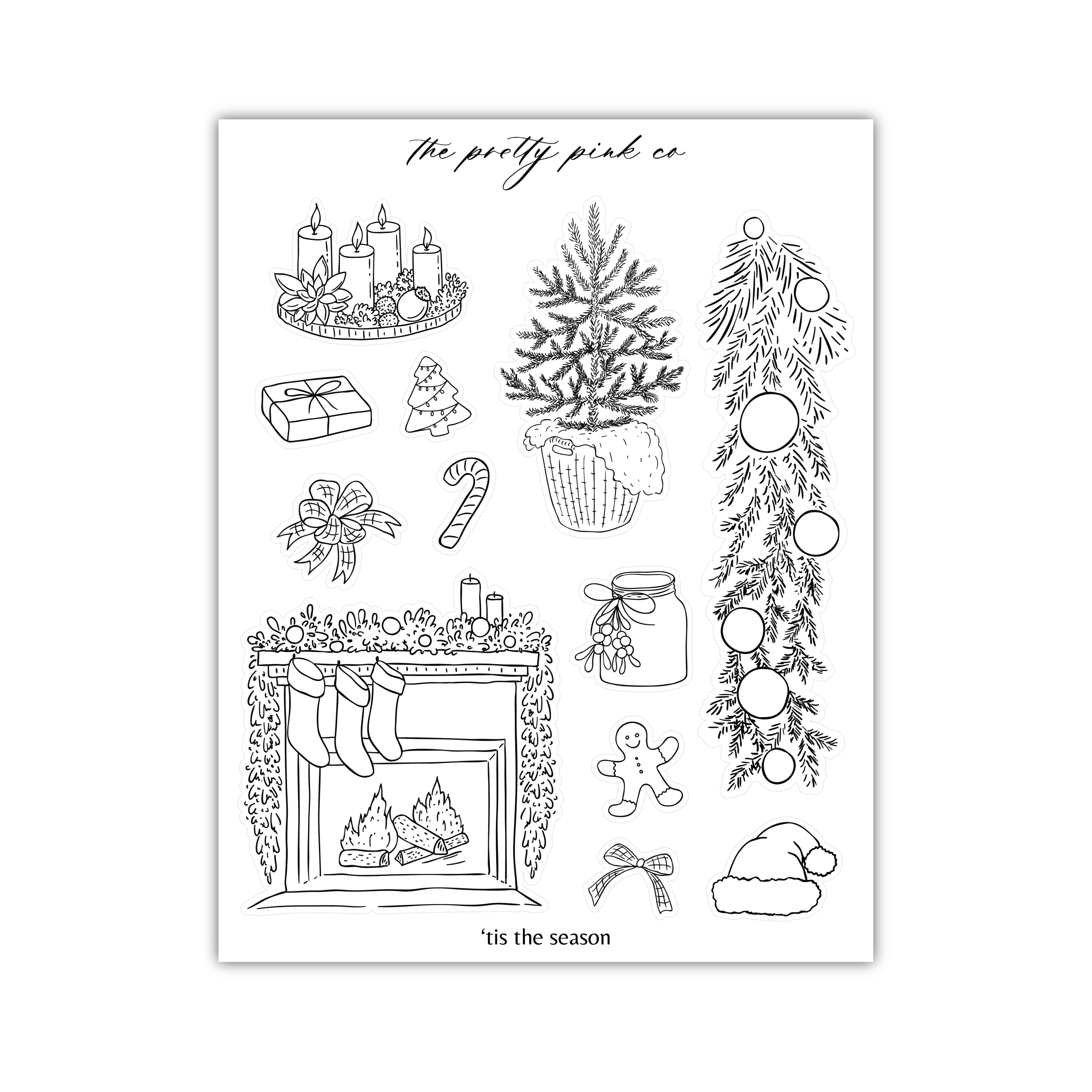 a black and white drawing of christmas decorations
