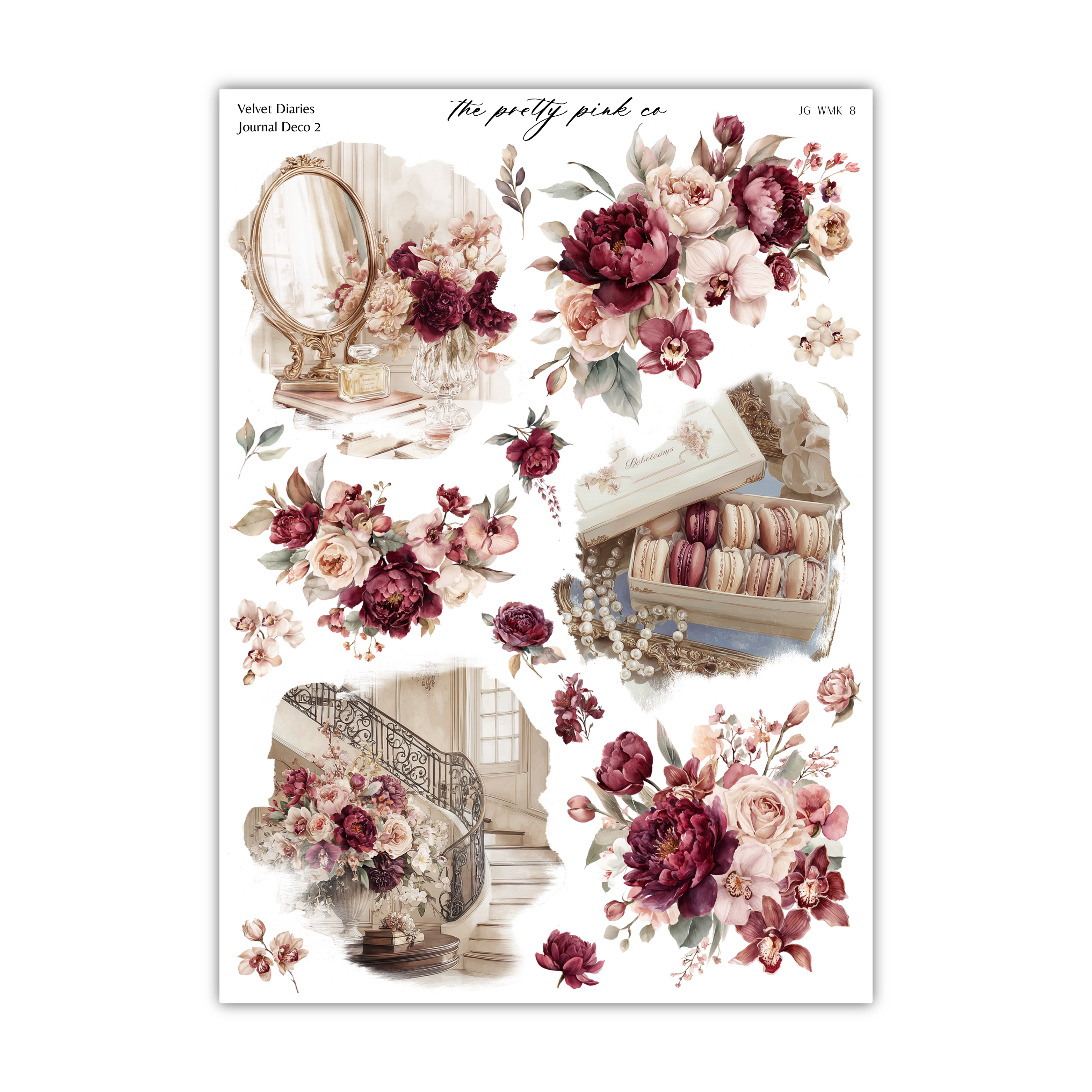 The image is a collage of various floral and decorative elements, including flowers, a mirror, a box of macarons, a staircase, and a vase. The overall theme appears to be a vintage or elegant style, with a focus on the use of burgundy and pink colors.