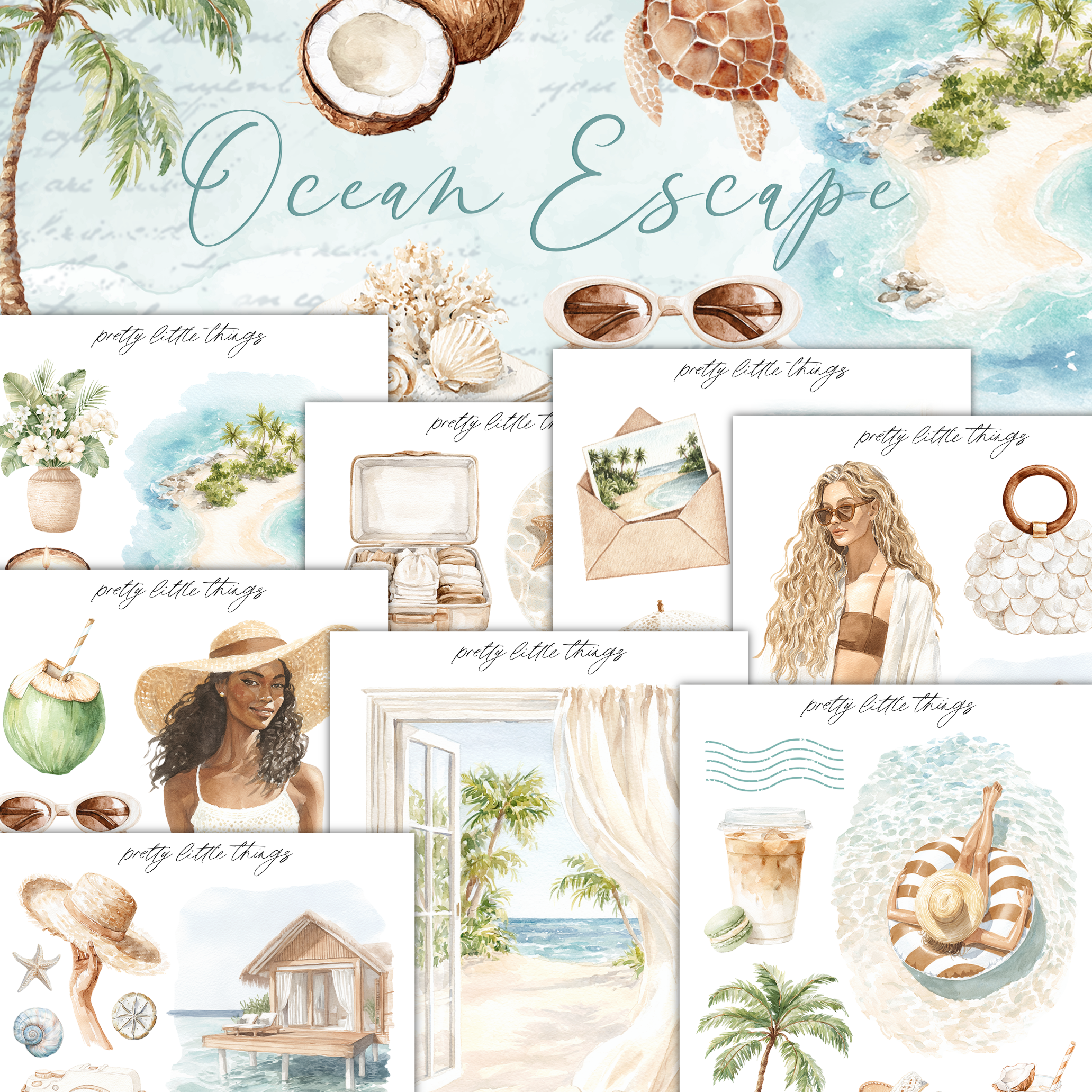 The image is a collage of various tropical and beach-themed illustrations, including palm trees, coconuts, sunglasses, and a woman in a bikini. The text "Ocean Escape" is prominently displayed, suggesting the theme of the collage.