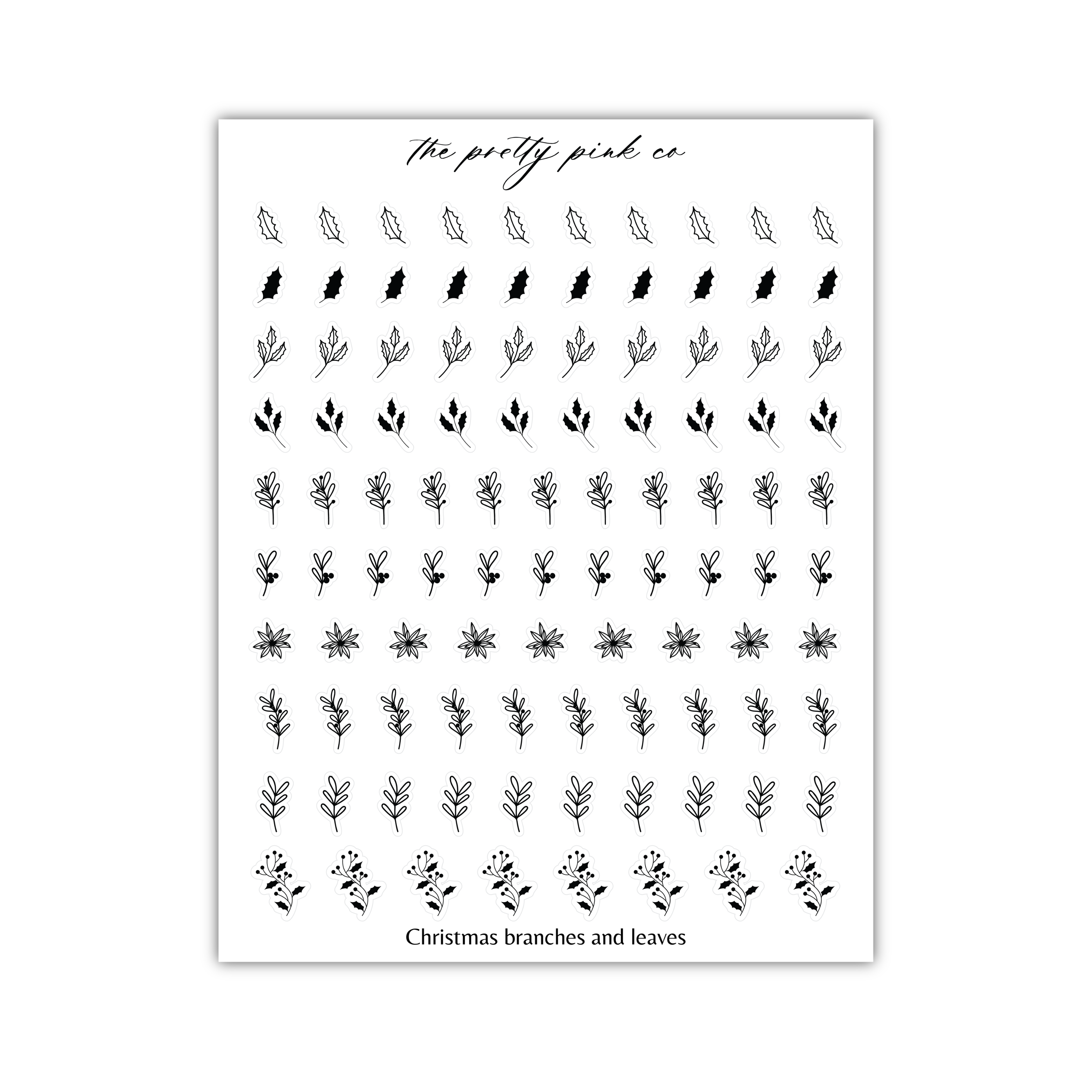a sheet of black and white stickers with the words christmas branches and leaves