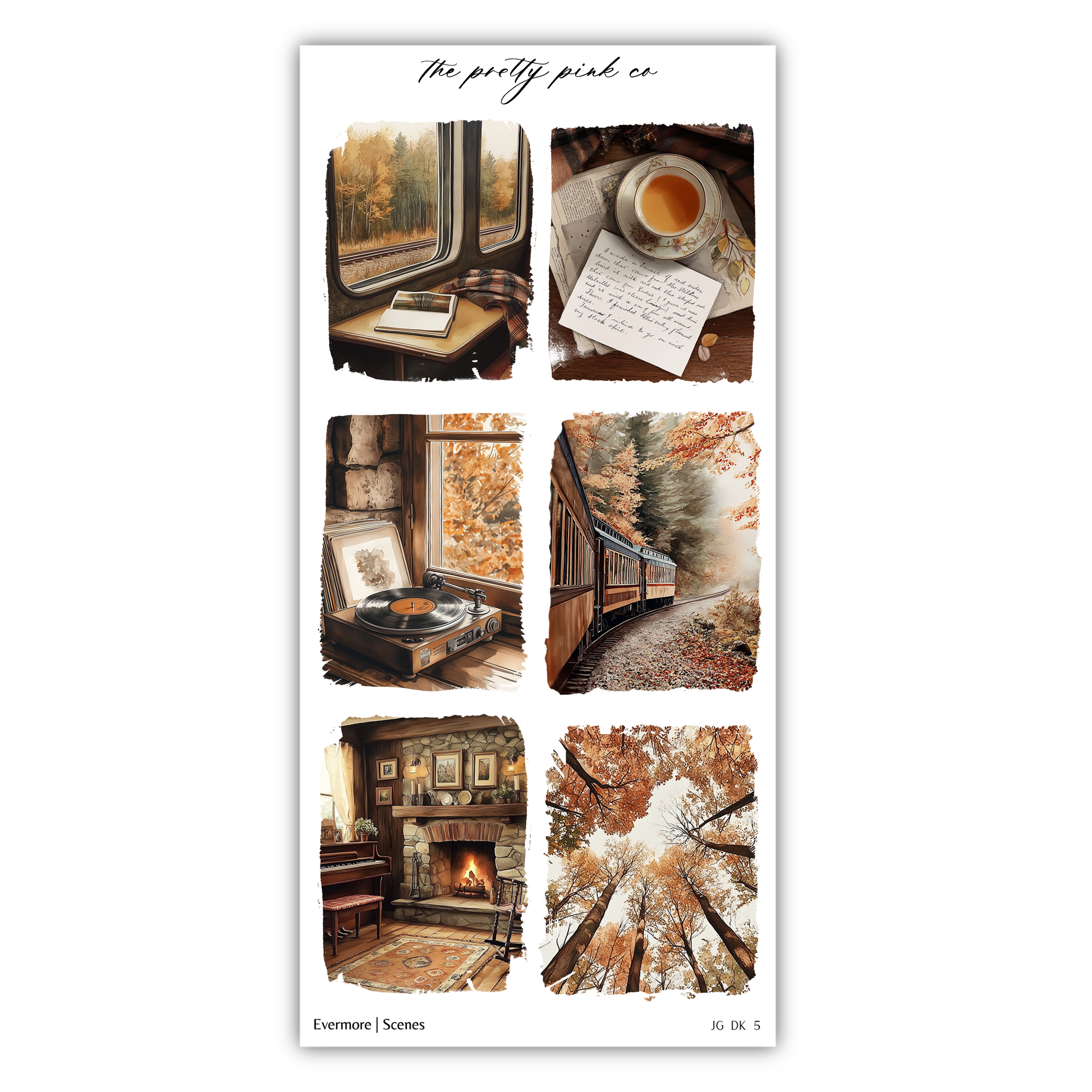 The image is a collage of six different scenes, each depicting a unique aspect of autumn, including a window overlooking a forest, a cup of tea, a record player, a fireplace, a train, and a tree with orange leaves.