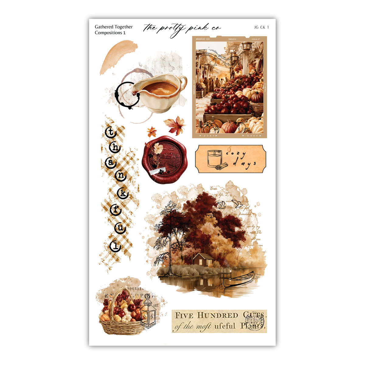 various autumn-themed elements, including a bowl of soup, pumpkins, a tree, and a basket of fruit. The image also includes a painting of a house and a small boat. The overall composition appears to be a collage of different images, but the exact content of each image is not described in detail.