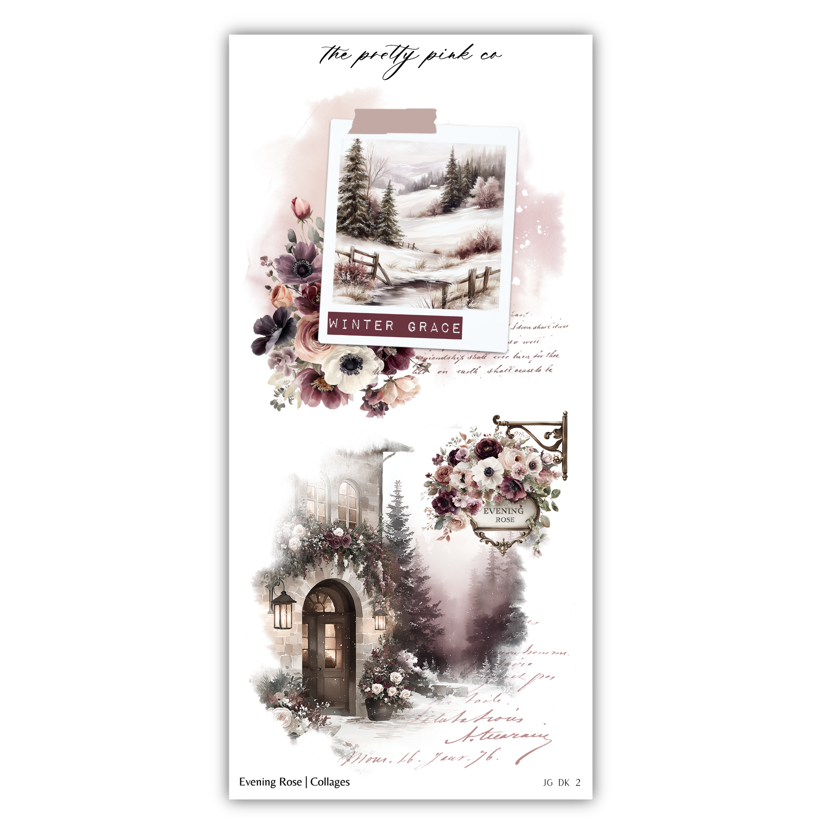 The image is a collage of various winter-themed elements, including a snowy landscape, a wooden house, and floral decorations.