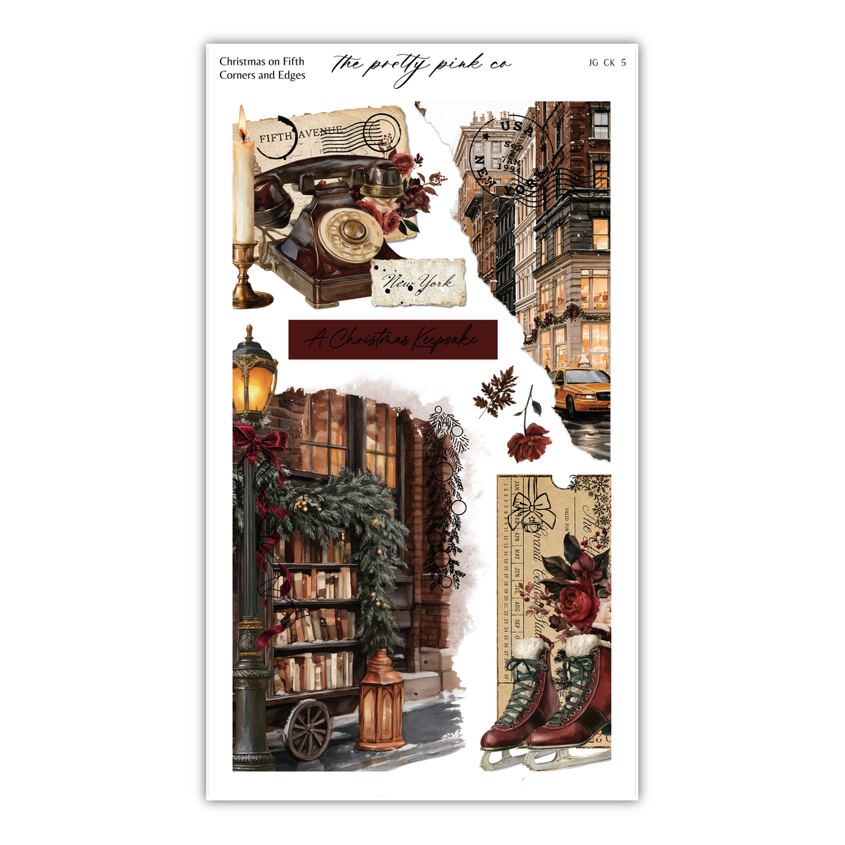 The image is a collage of various Christmas-themed elements, including a vintage telephone, a Christmas tree, a lamppost, and a bookcase. The collage is titled "Christmas on Fifth Corner and Edges" and features a "Christmas Legend" theme.
