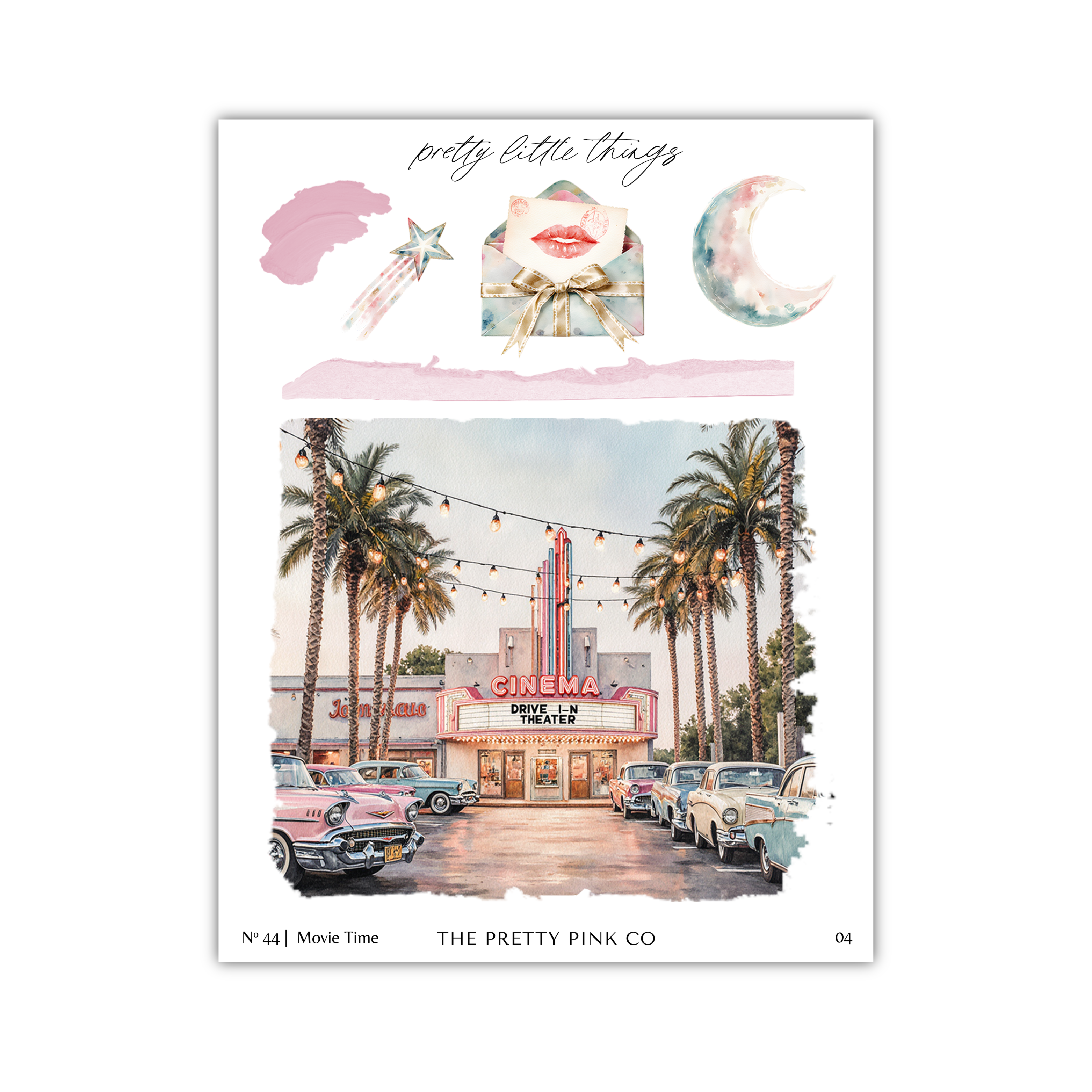The image is a collage featuring a vintage movie theater with a pink and white color scheme, palm trees, and vintage cars parked in front of the theater.