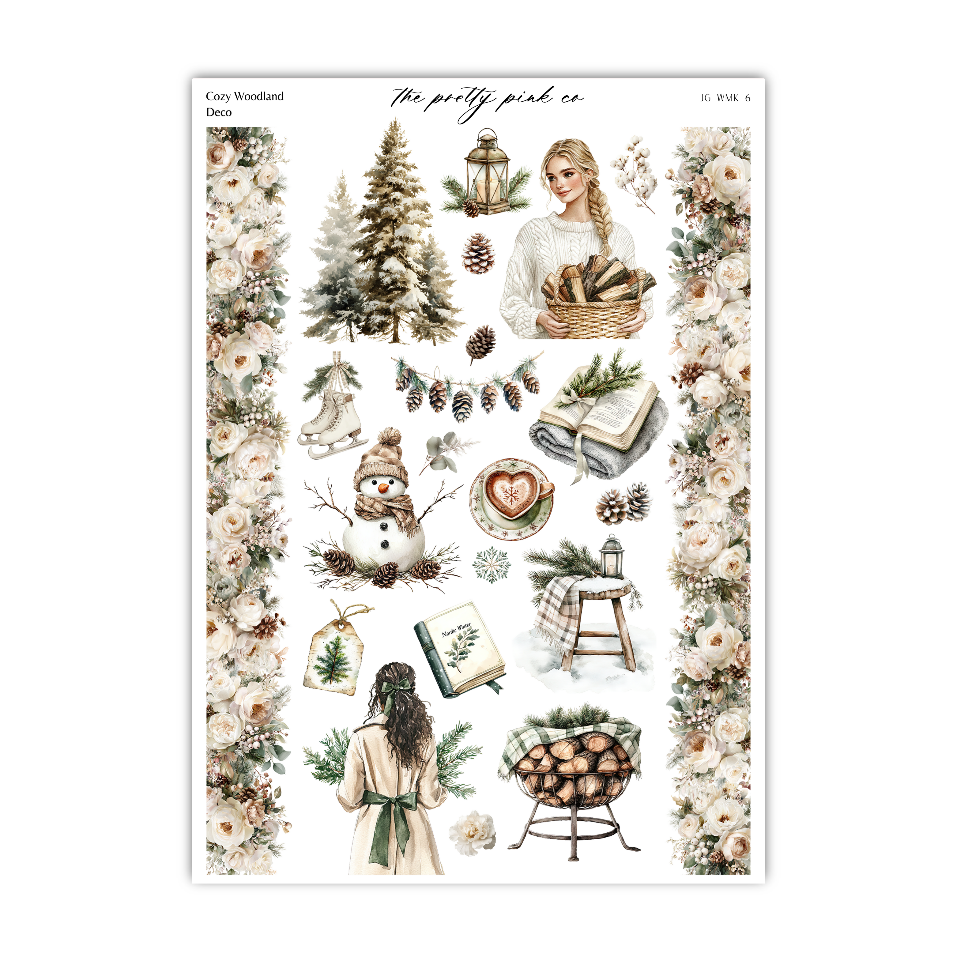 The image is a collage of various winter-themed items and decorations, including a snowman, a lantern, pine cones, a book, a basket of fruit, and a woman.
