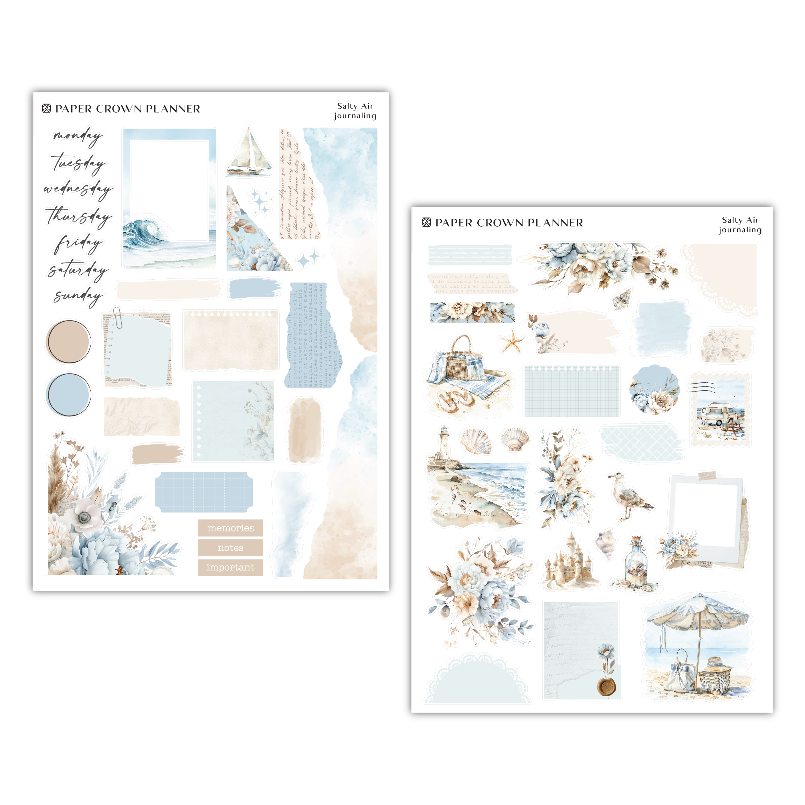 two sheets of paper with a picture of a beach scene