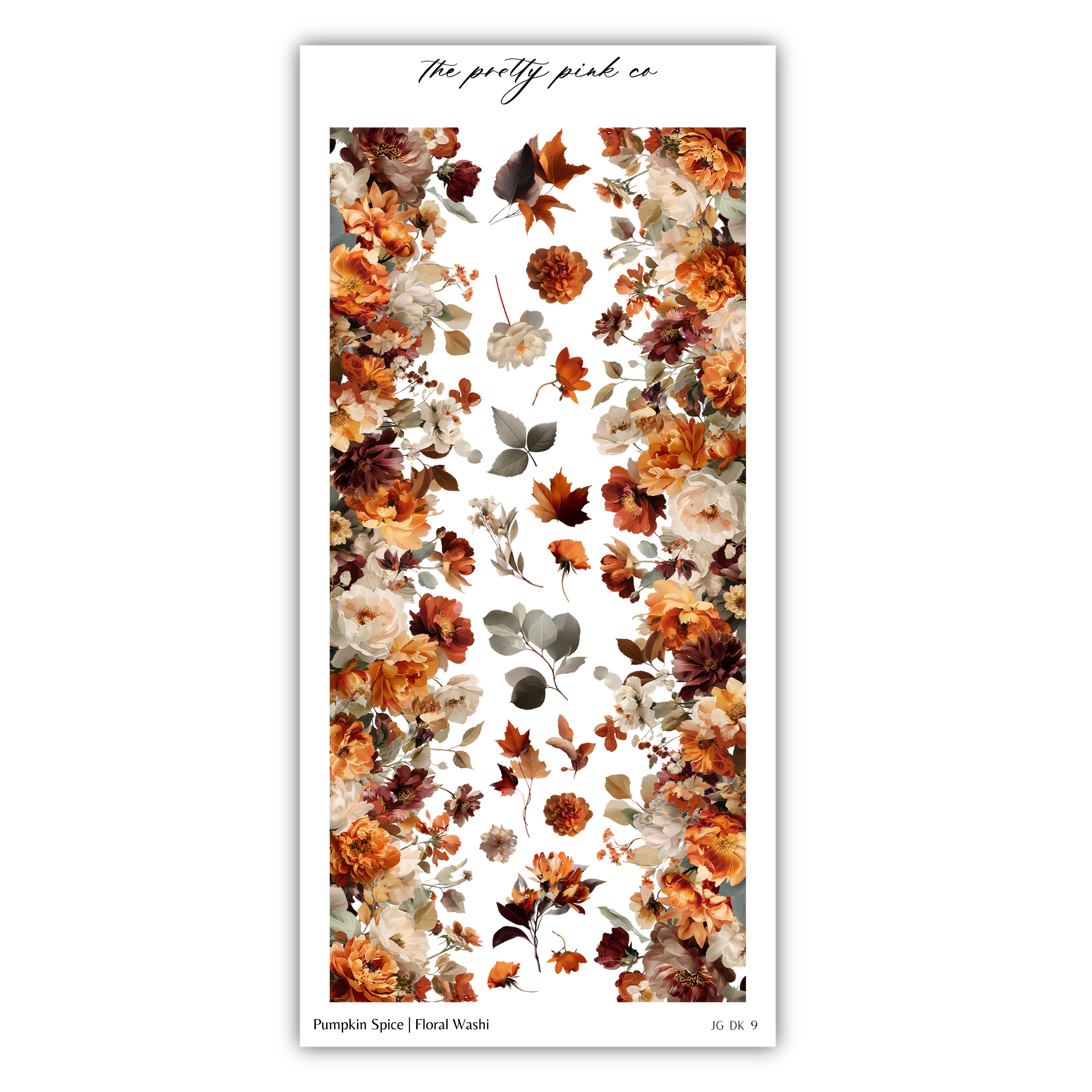 The image is a vertical arrangement of various autumn-themed flowers and leaves, including pumpkins, peonies, and other seasonal elements, against a white background.