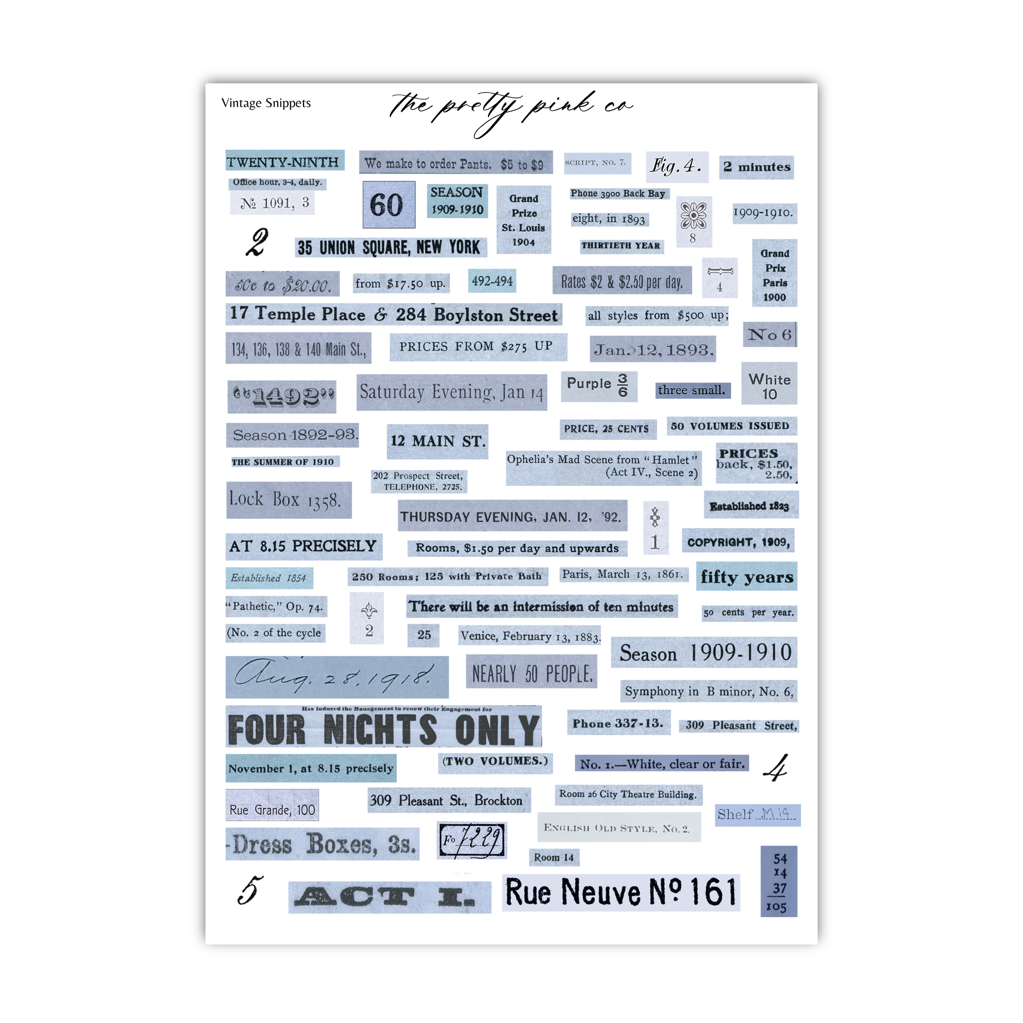 a collage of various text elements, including dates, locations, and descriptions, all related to a vintage sneaker company called "The pretty pink co". The text is in different fonts, sizes, and styles, creating a visually interesting and diverse collage.