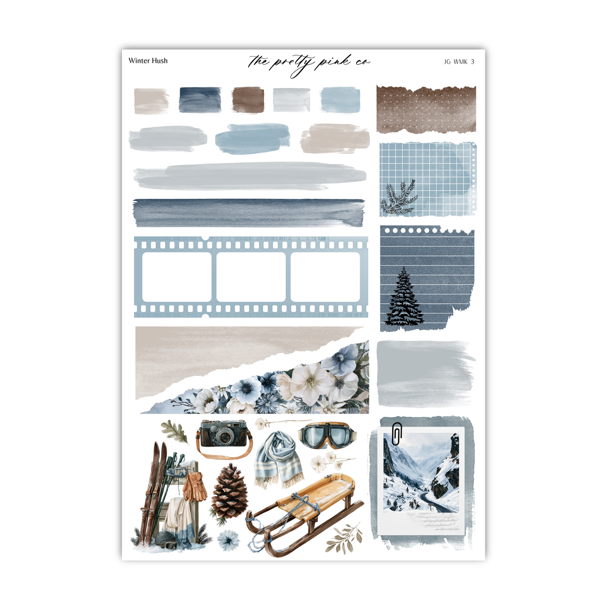 various winter-themed elements, including a snowflake, pine cones, skis, and a sled, as well as a collage of different textures and patterns.