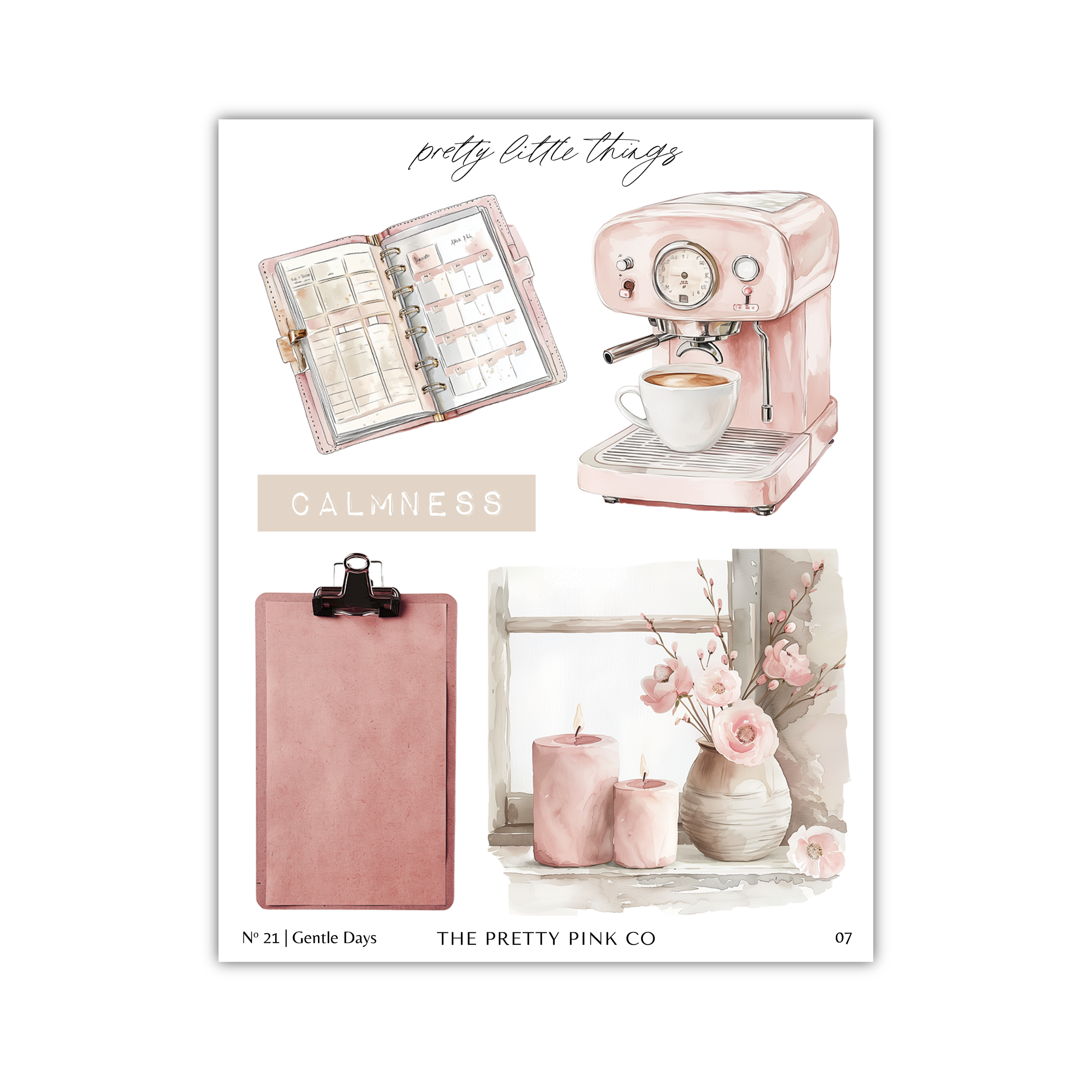 The image is a collage of four different items, including a pink coffee maker, a pink clipboard, a pink vase with flowers, and a pink candle.