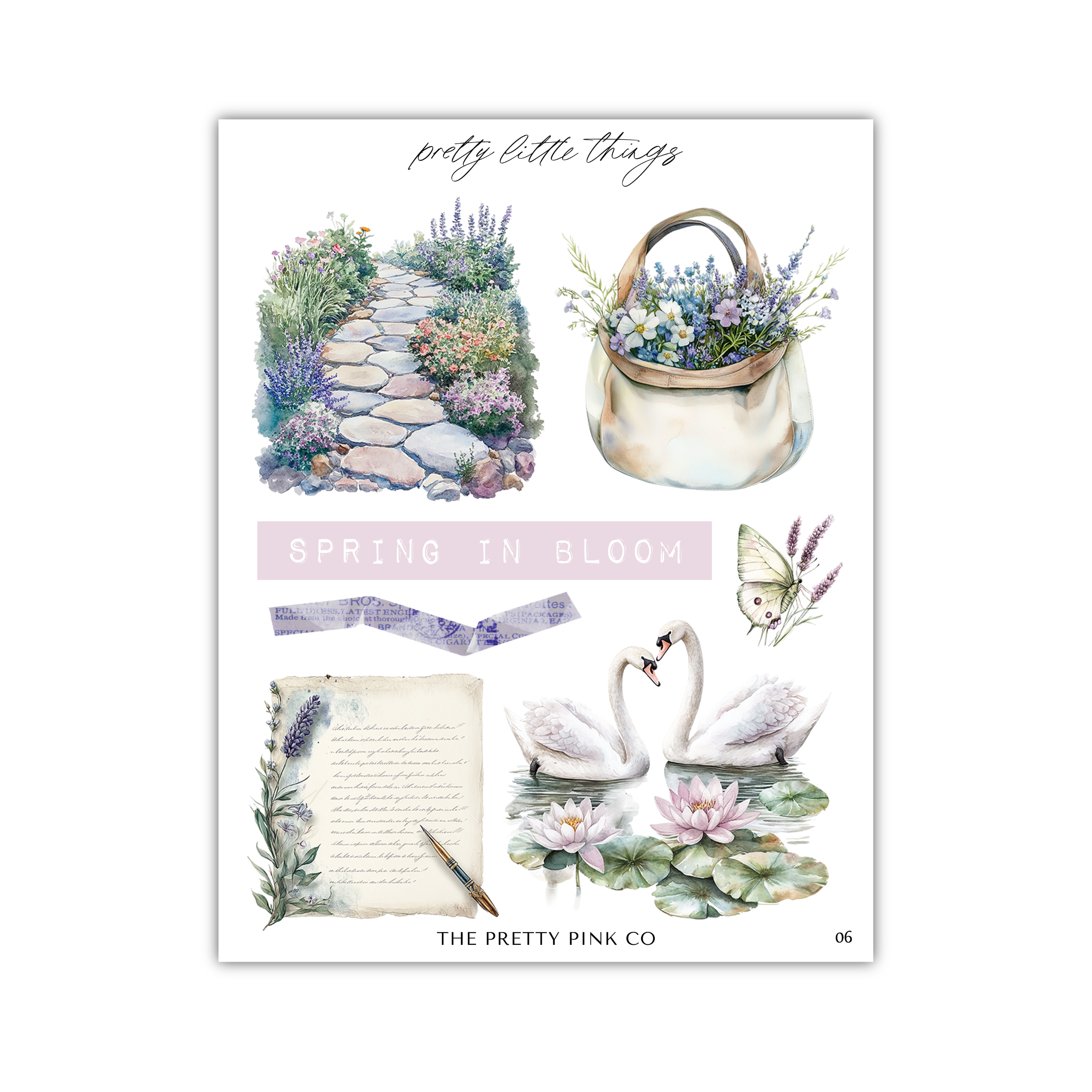 The image is a collage of various spring-themed elements, including a garden path, a purse with flowers, swans, and a notebook.