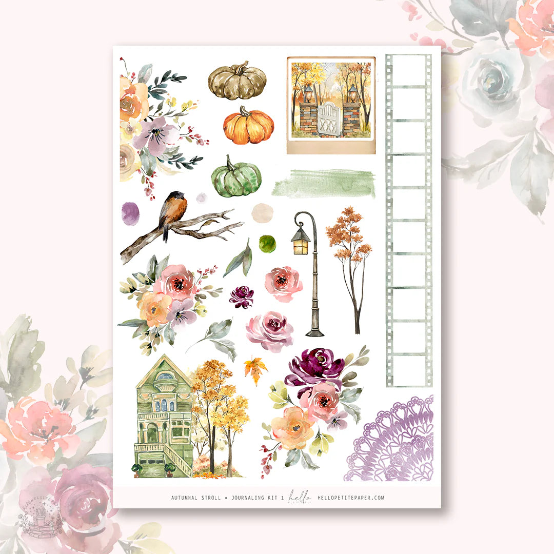 The image is a collage of various autumn-themed elements, including pumpkins, flowers, a bird, a house, and a ladder.